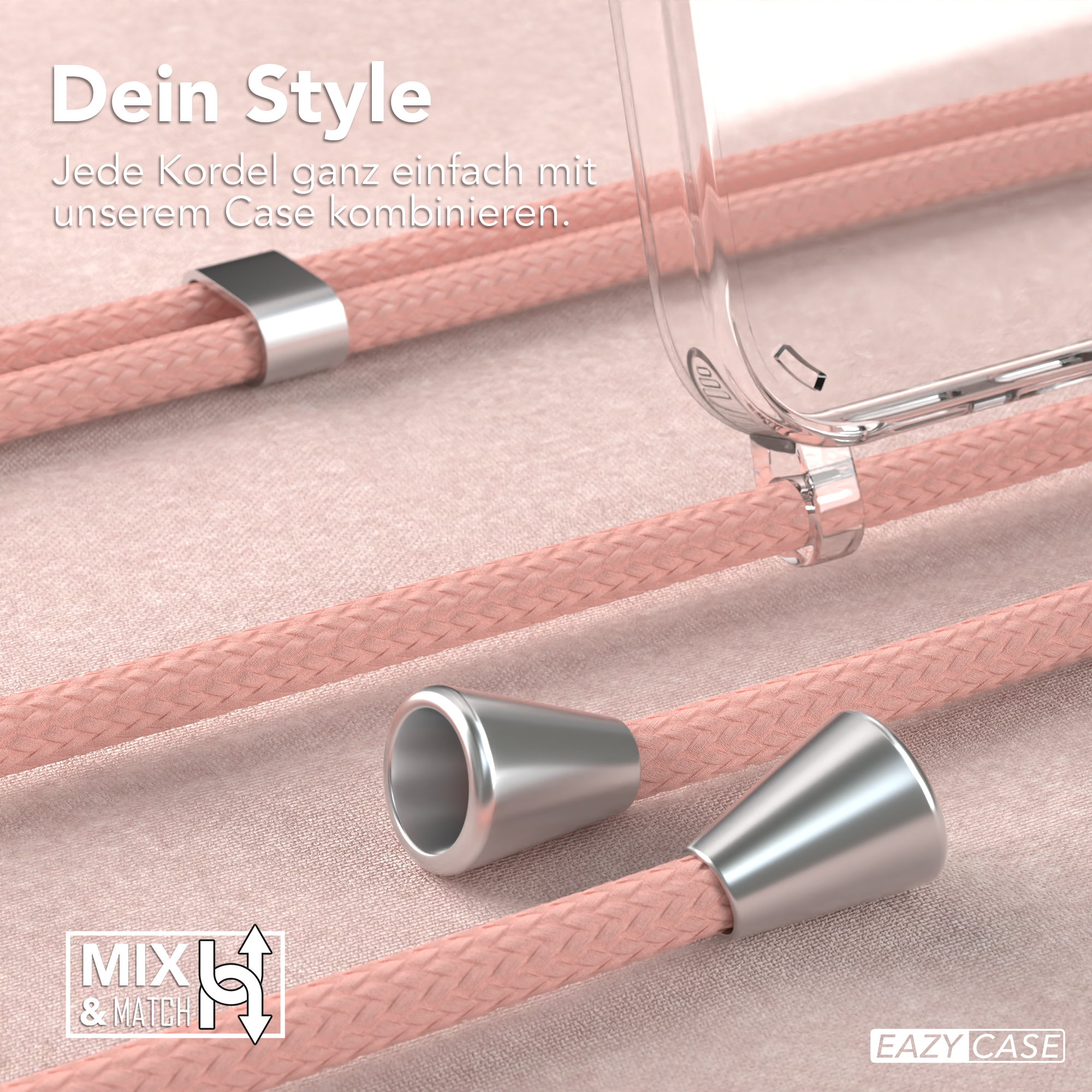 Nahaufnahme eines rosa Telefonkabels und einer durchsichtigen Handyhülle mit silbernen Akzenten. Text 'Mix & Match'.