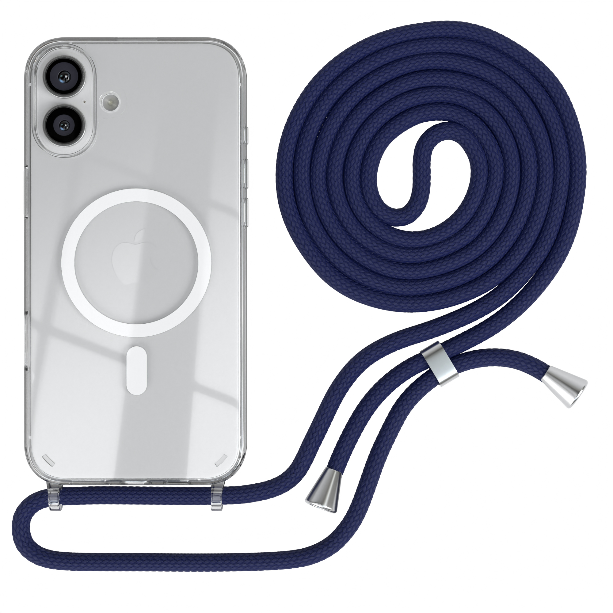 Eine transparente Handyhülle mit marineblauer Kordel wird gezeigt. Das Telefon hat zwei Kameras. Der Hintergrund ist weiß.