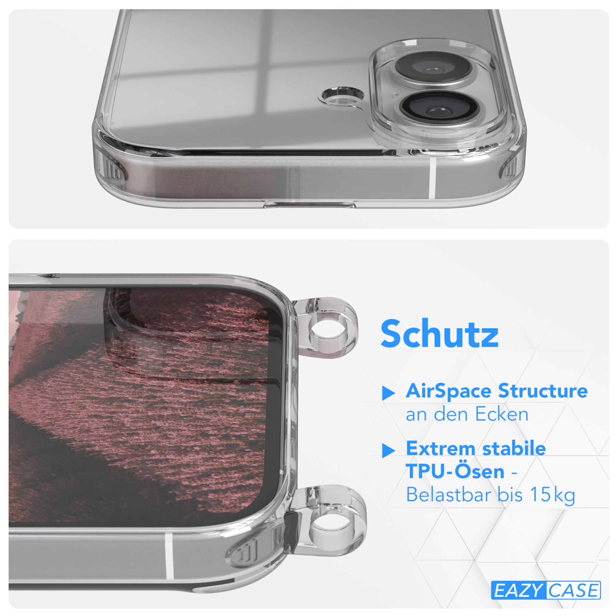Transparente Handyhülle. Text: AirSpace Structure, Extrem stabile TPU-Ösen, Belastbar bis 15kg.
