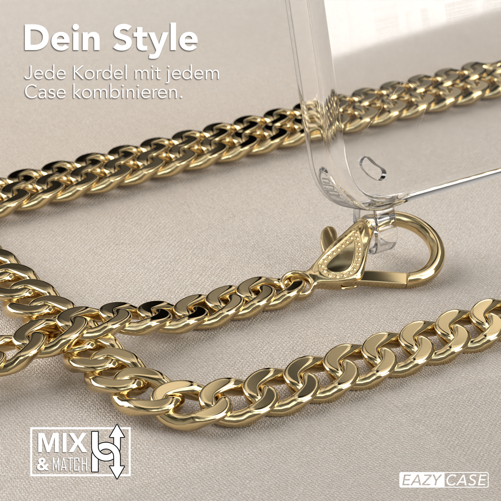 Eine goldene Kette und eine transparente Handyhülle mit goldenem Verschluss.