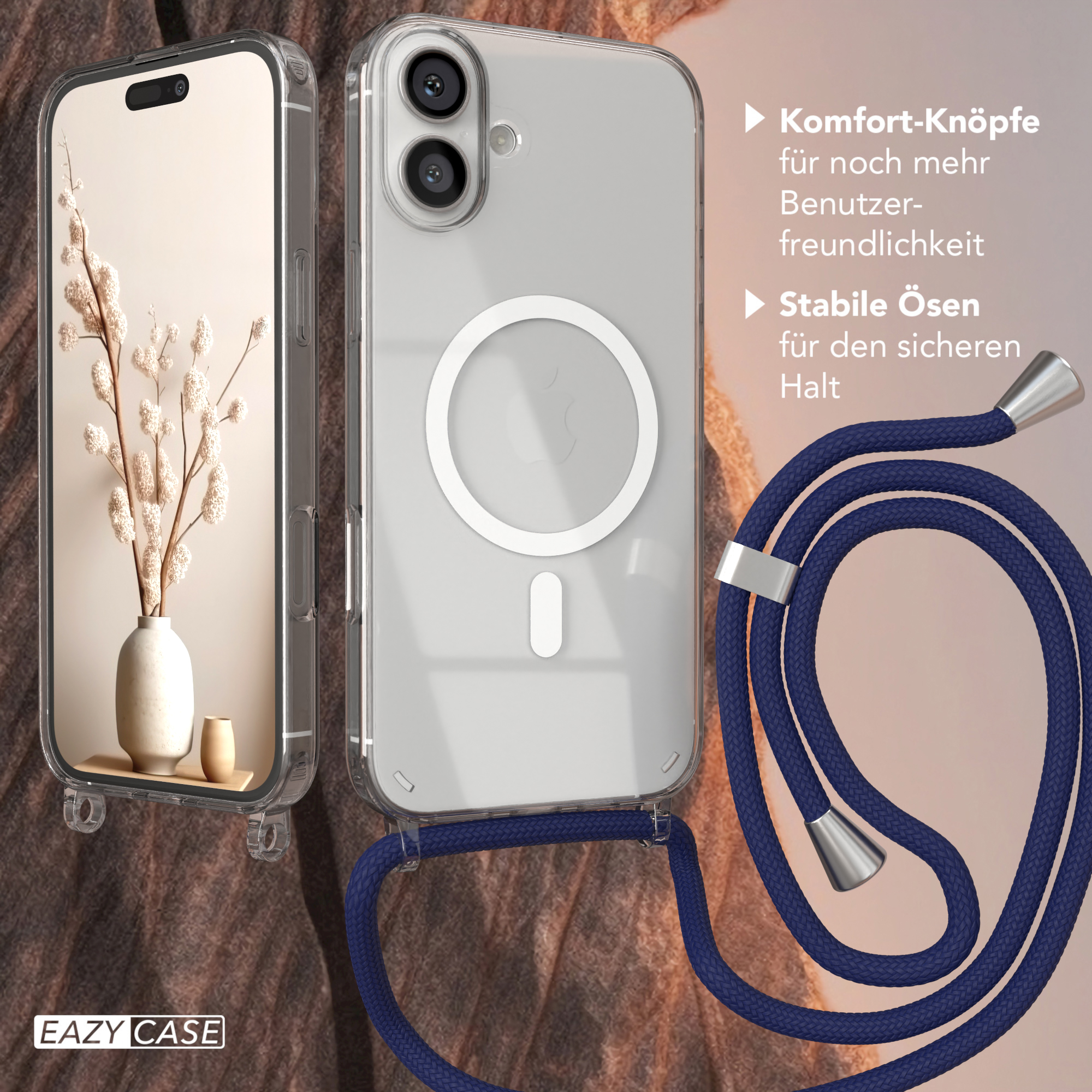 Zwei Telefone, eines in einer Hülle, mit einem blauen Schlüsselband. Das Telefon links hat eine Blume in einer Vase.