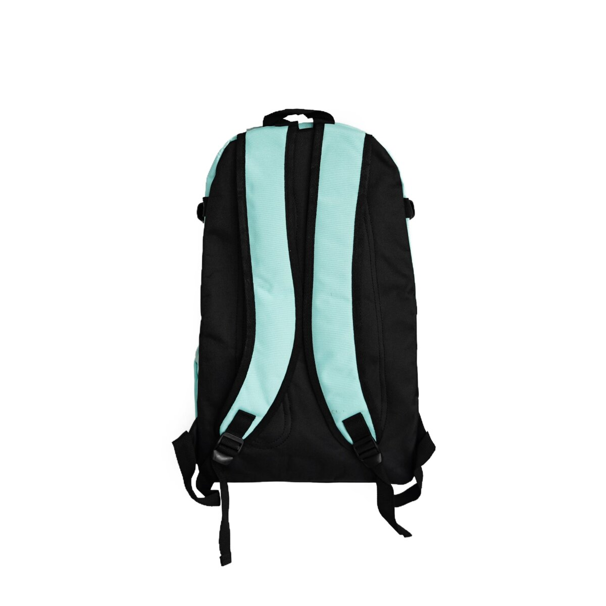 Schwarzer Rucksack mit hellblauen Trägern, von hinten betrachtet. Einfaches Design, weißer Hintergrund.