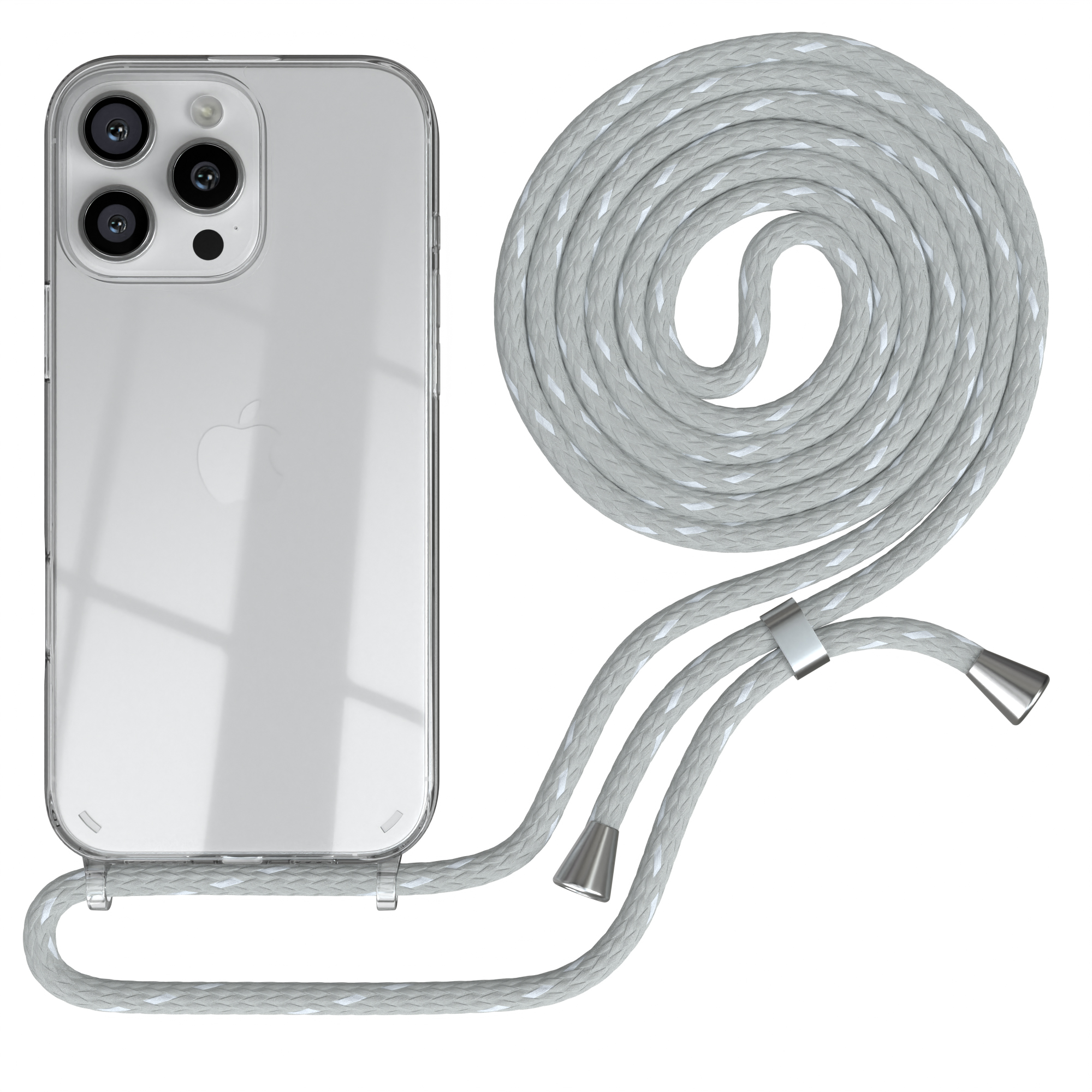 Transparente Handyhülle mit grauem Seil. Rückseite des Telefons sichtbar, mit aufgerolltem Seil daneben.