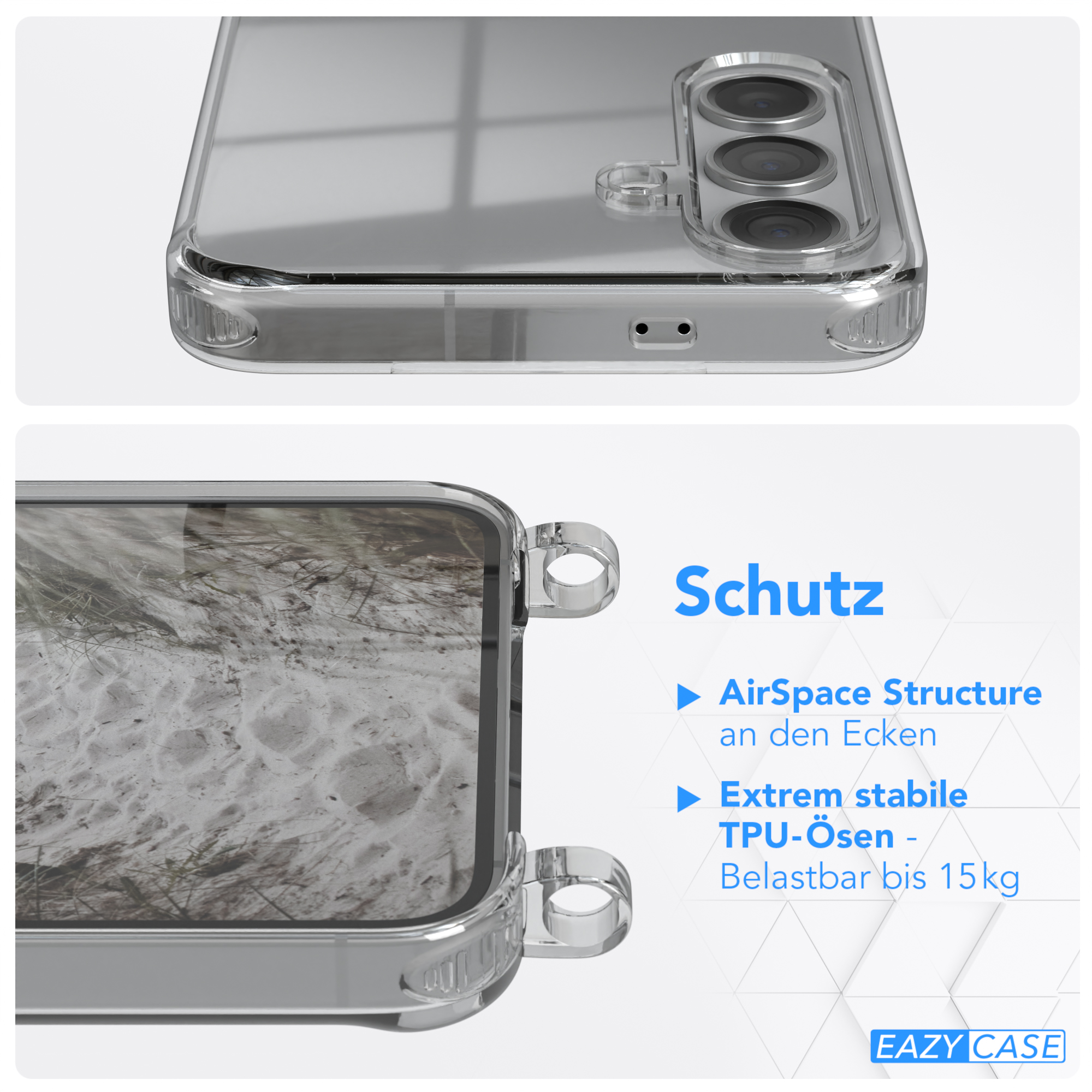 Transparente Handyhülle mit Text über Schutz. AirSpace Structure und TPU sind beschriftet.