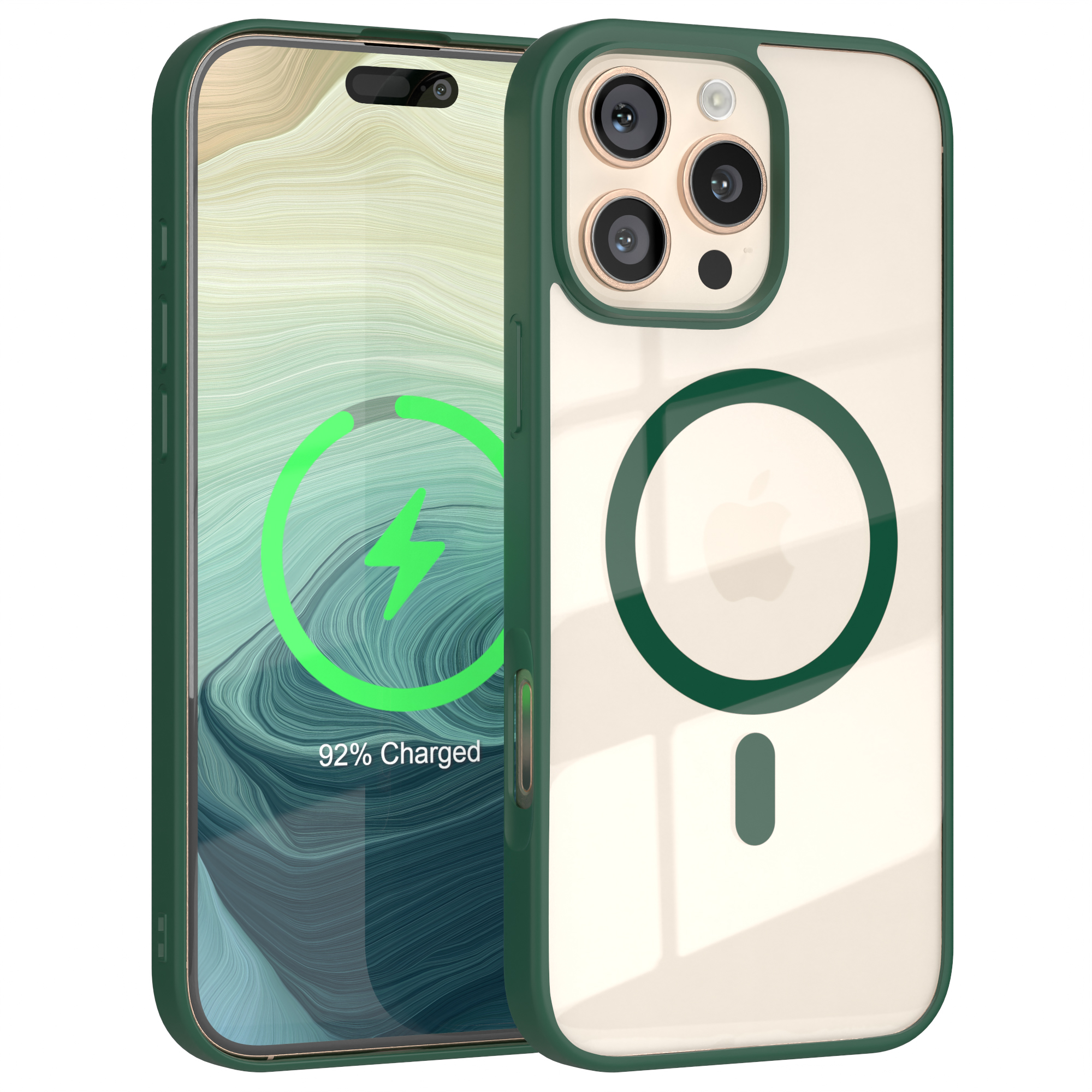 Grün umrandete iPhone-Hülle mit teiltransparentem Rücken, zeigt eine Ladeanimation.