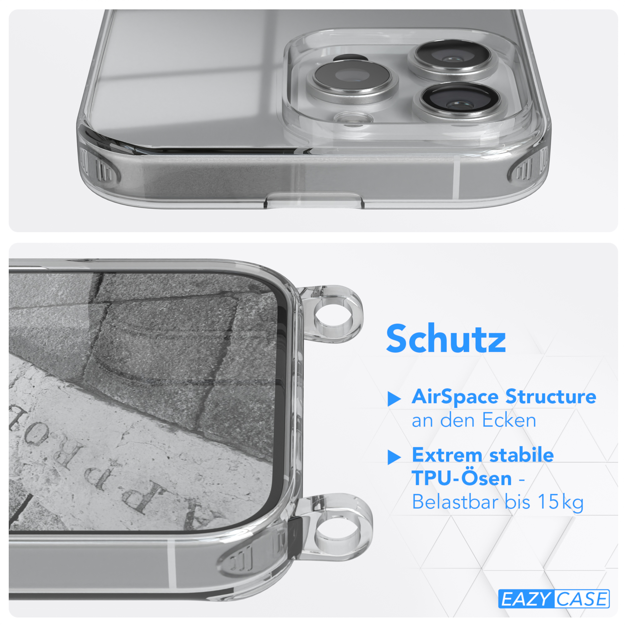 Detail der Handyhülle. Schutzfunktionen: AirSpace-Struktur, extra stabiles TPU, getestet bis 15 kg. Silber.