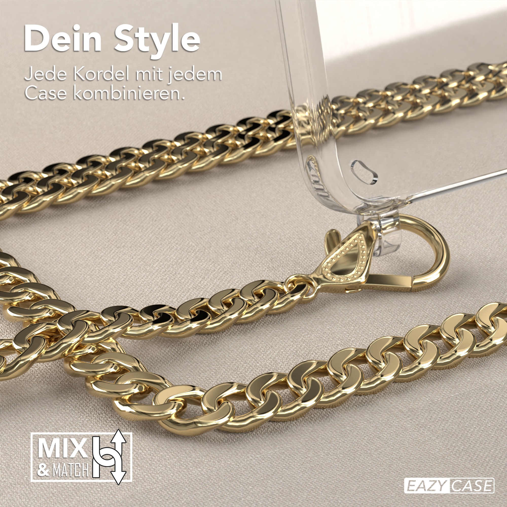 Nahaufnahme einer goldenen Kette mit klarer Handyhülle und Verschluss.