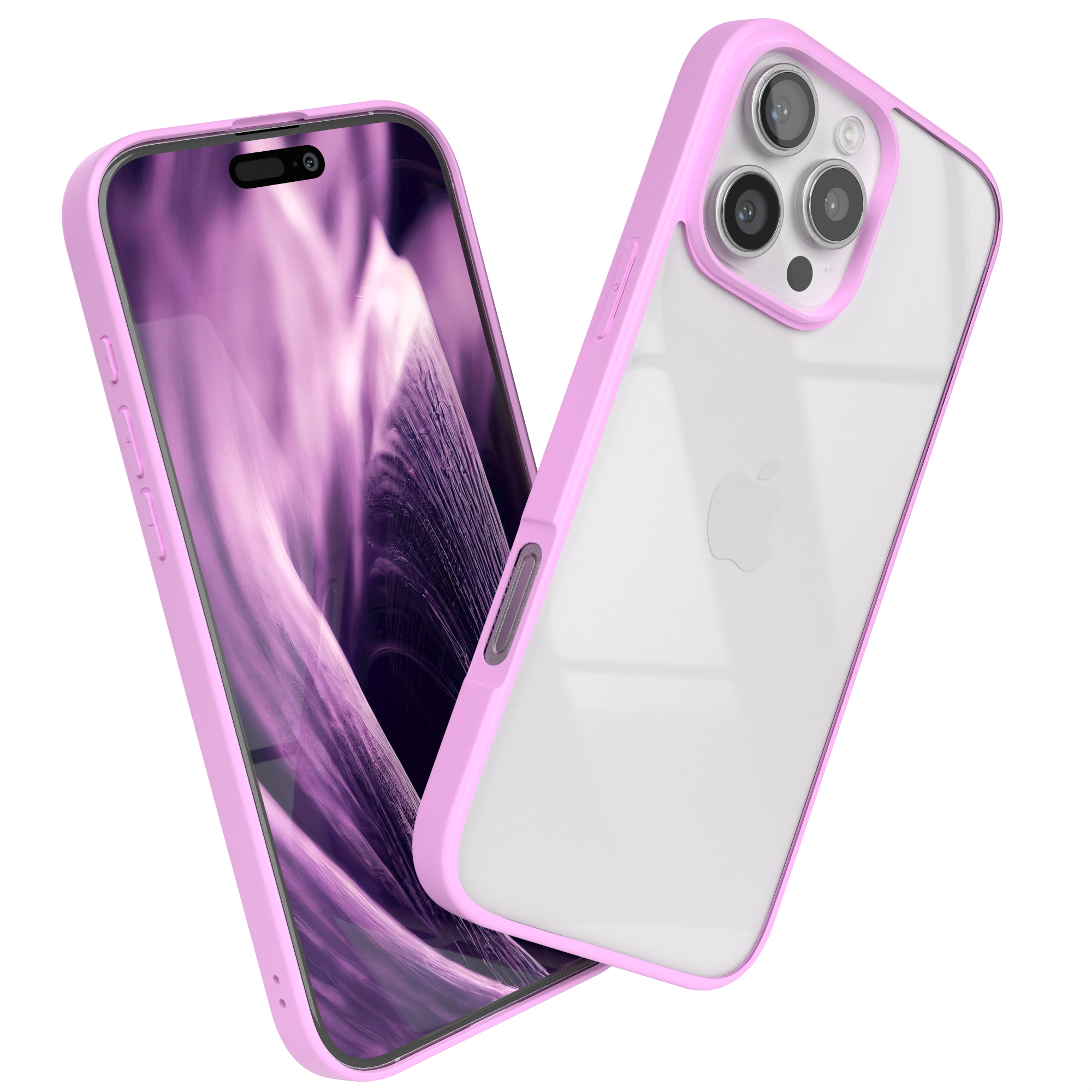 Zwei Telefone mit rosa Hüllen, eines mit einem abstrakten Bild, das andere mit einer durchsichtigen Hülle.