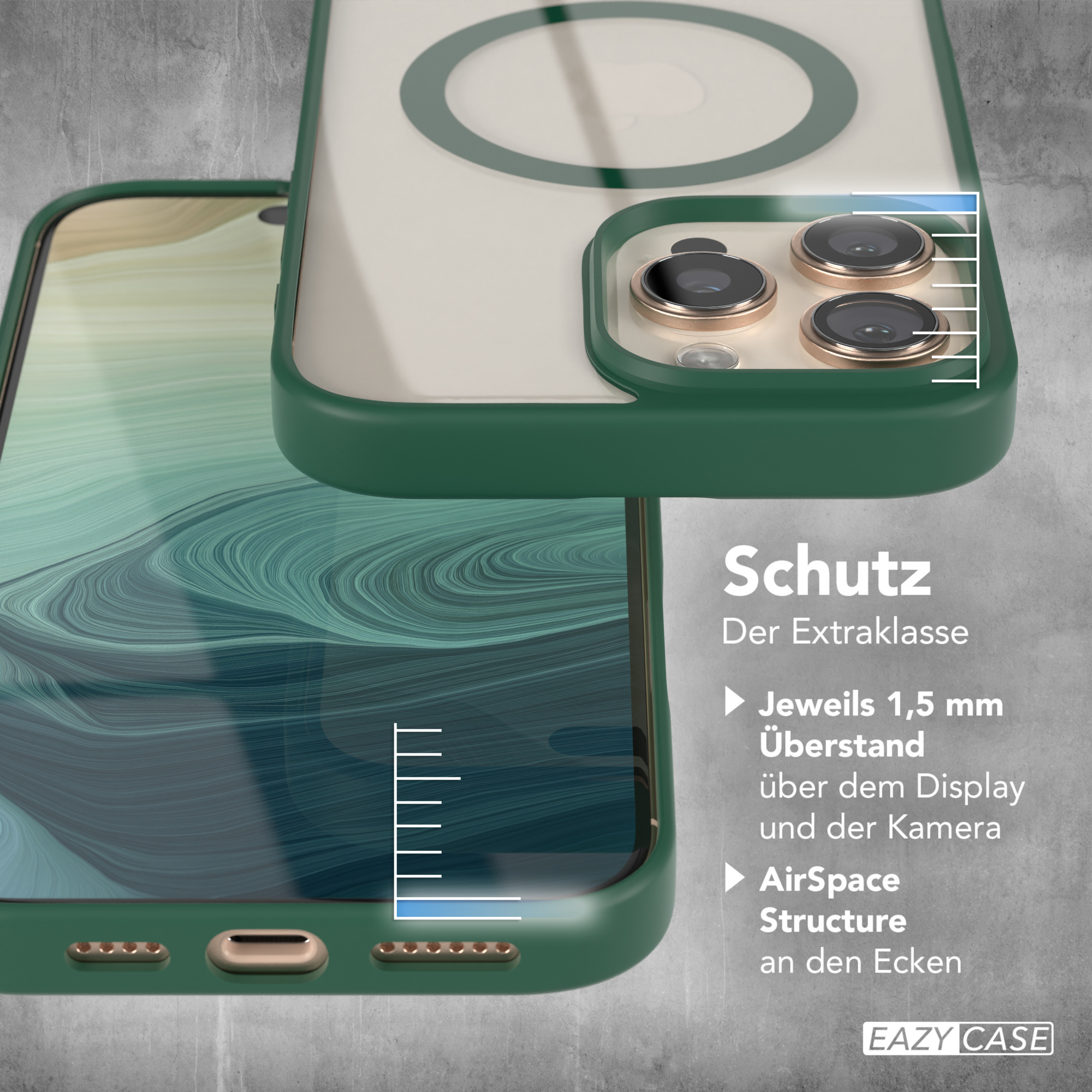 Handyhülle mit grünem Rand, zeigt Funktionen und das Kamera-Setup des Telefons.