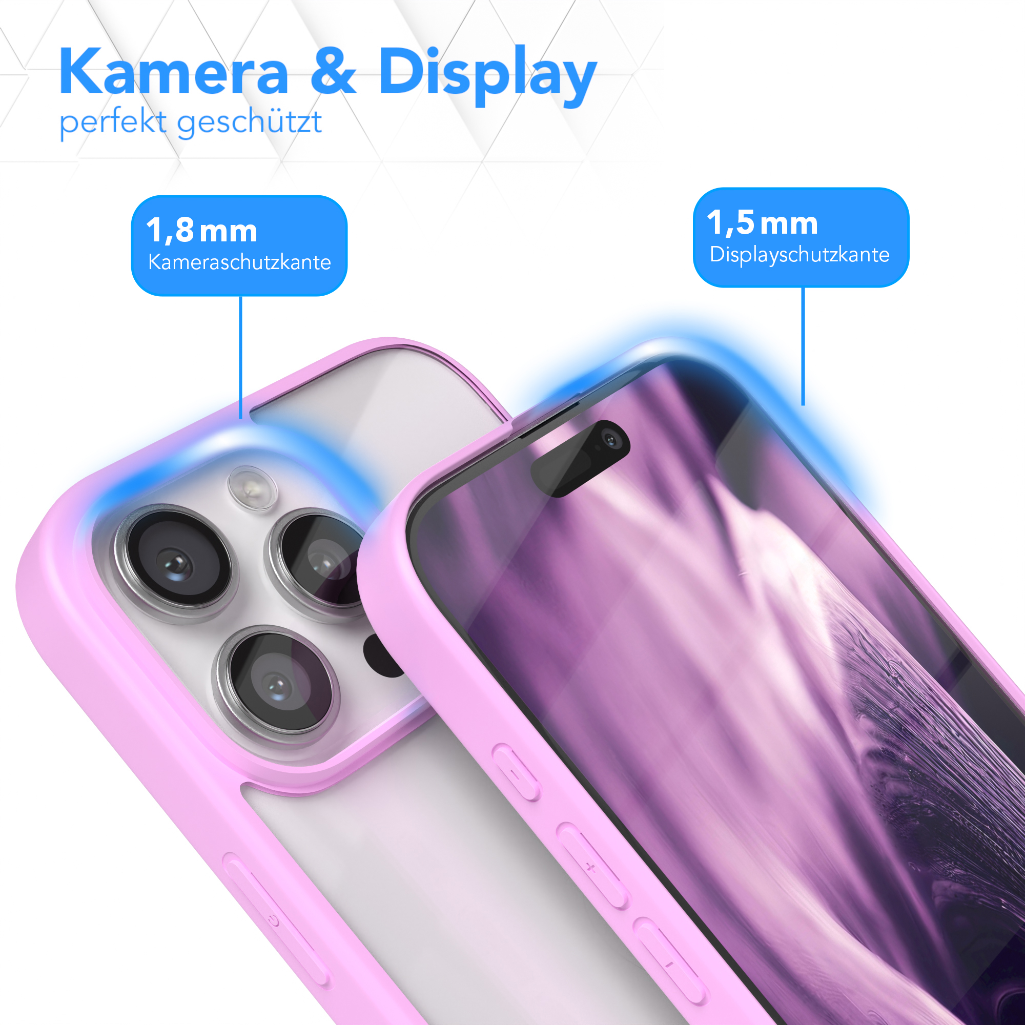 Rosa Handyhülle auf weißer Oberfläche, mit Telefon darin. Text auf Deutsch. Blaue Etiketten.