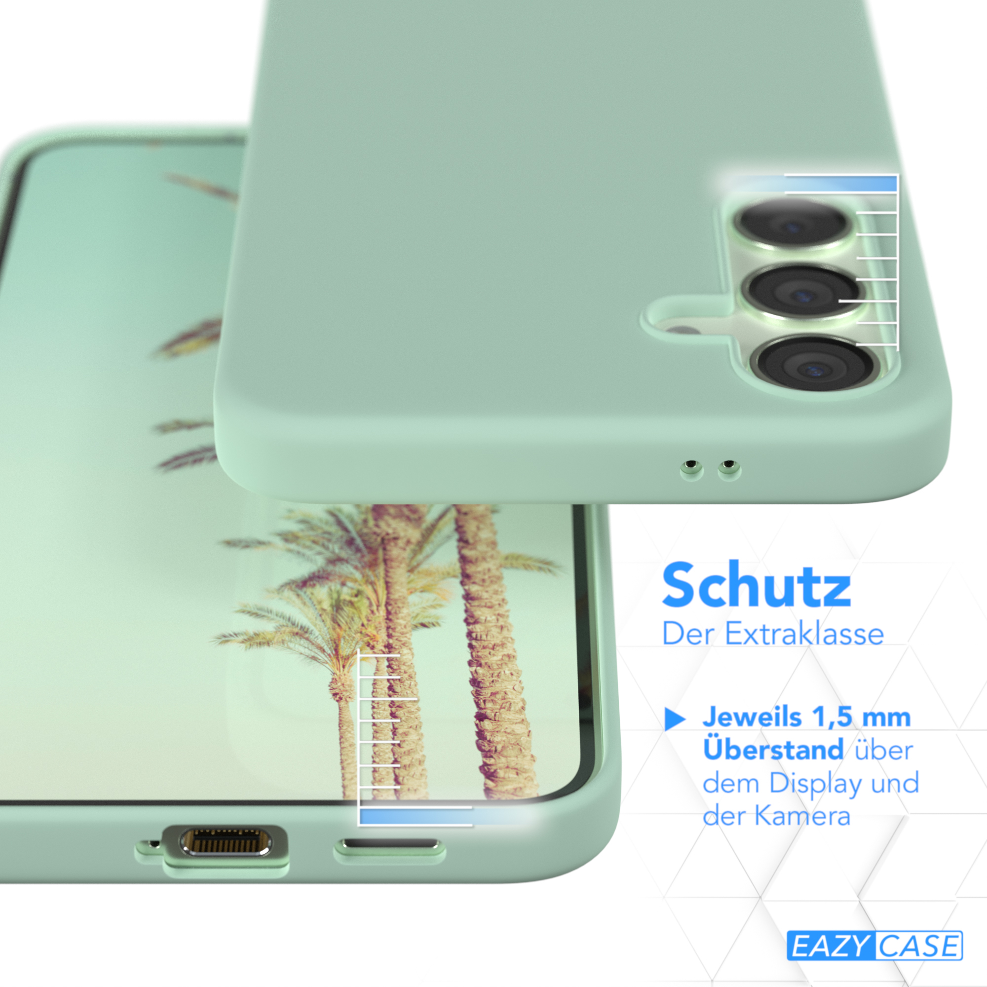 Eine mintgrüne Handyhülle mit einem Telefon darin, das eine tropische Landschaft zeigt. Text: 'Schutz'.
