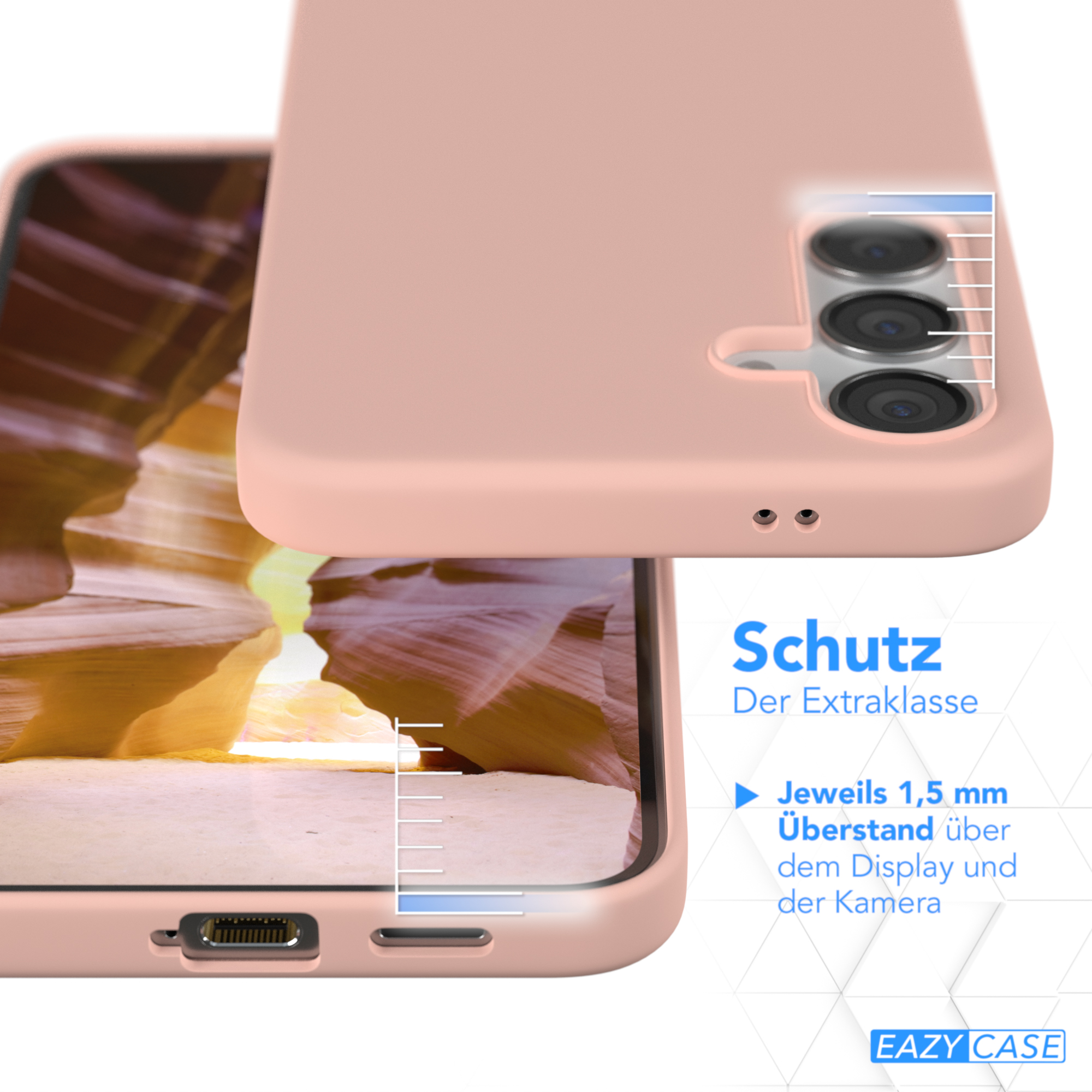 Nahaufnahme von Handyhülle und Handy. Rosa Hülle, Handy-Bildschirm sichtbar. Weiße Rasterlinien.