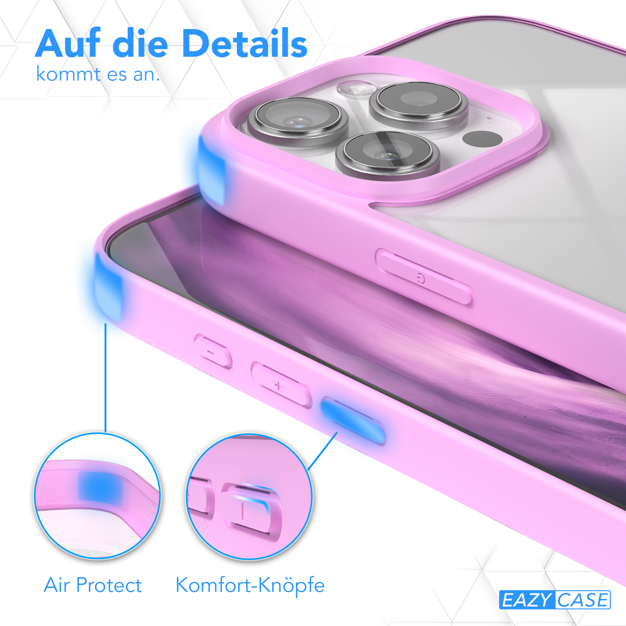 Nahaufnahme einer rosa Handyhülle mit Tasten und blauen Markierungen.
