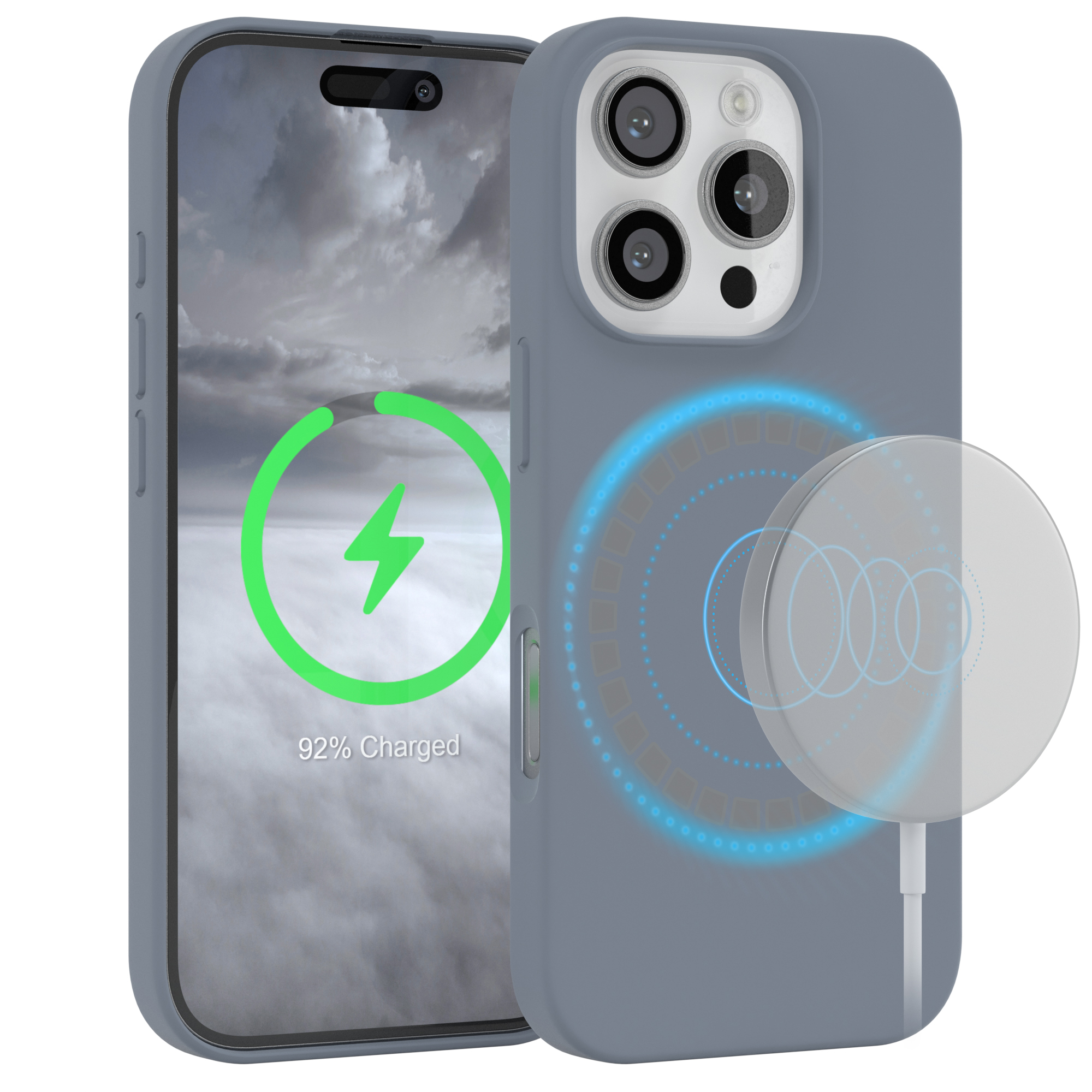 Handyhülle mit Telefon und kabellosem Ladegerät. Die Hülle ist grau, das Ladegerät weiß und das Telefon lädt.