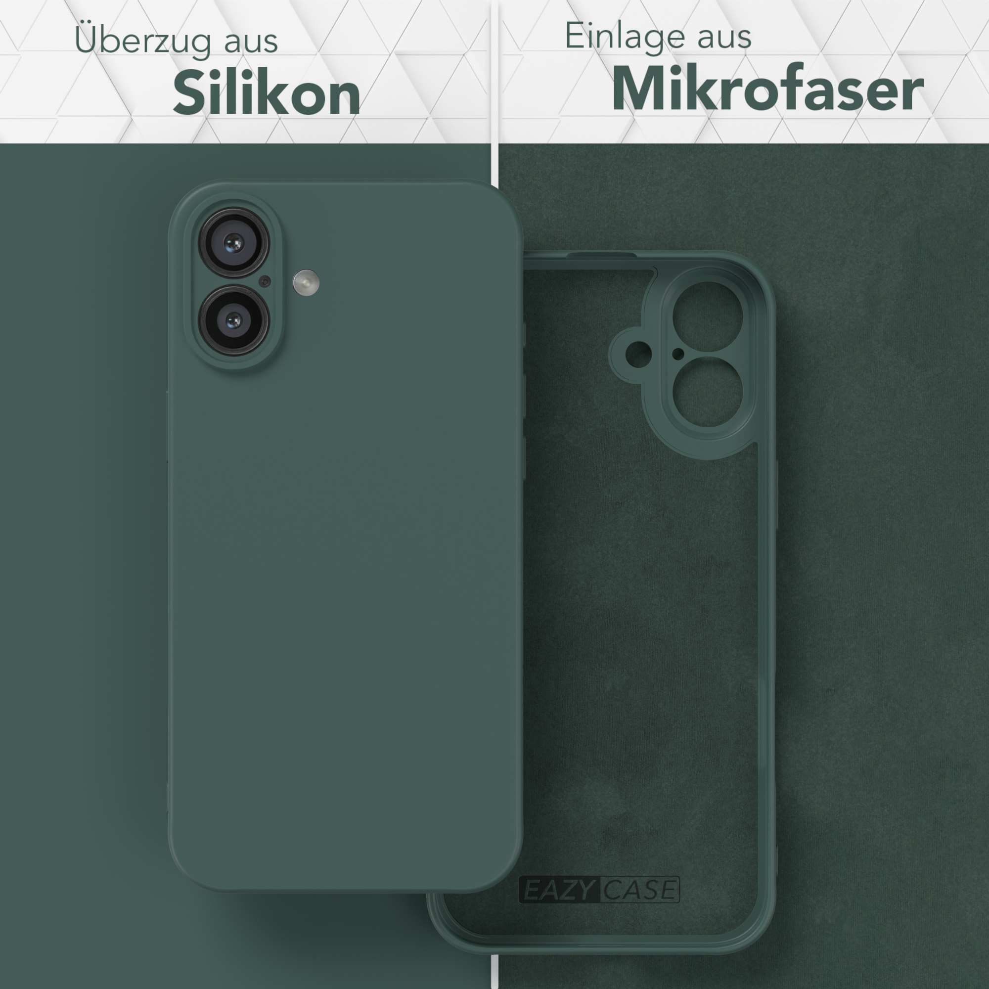 Handyhüllen. Eine ist dunkelgrün, eine ist transparent und eine ist in der Farbe Grün.