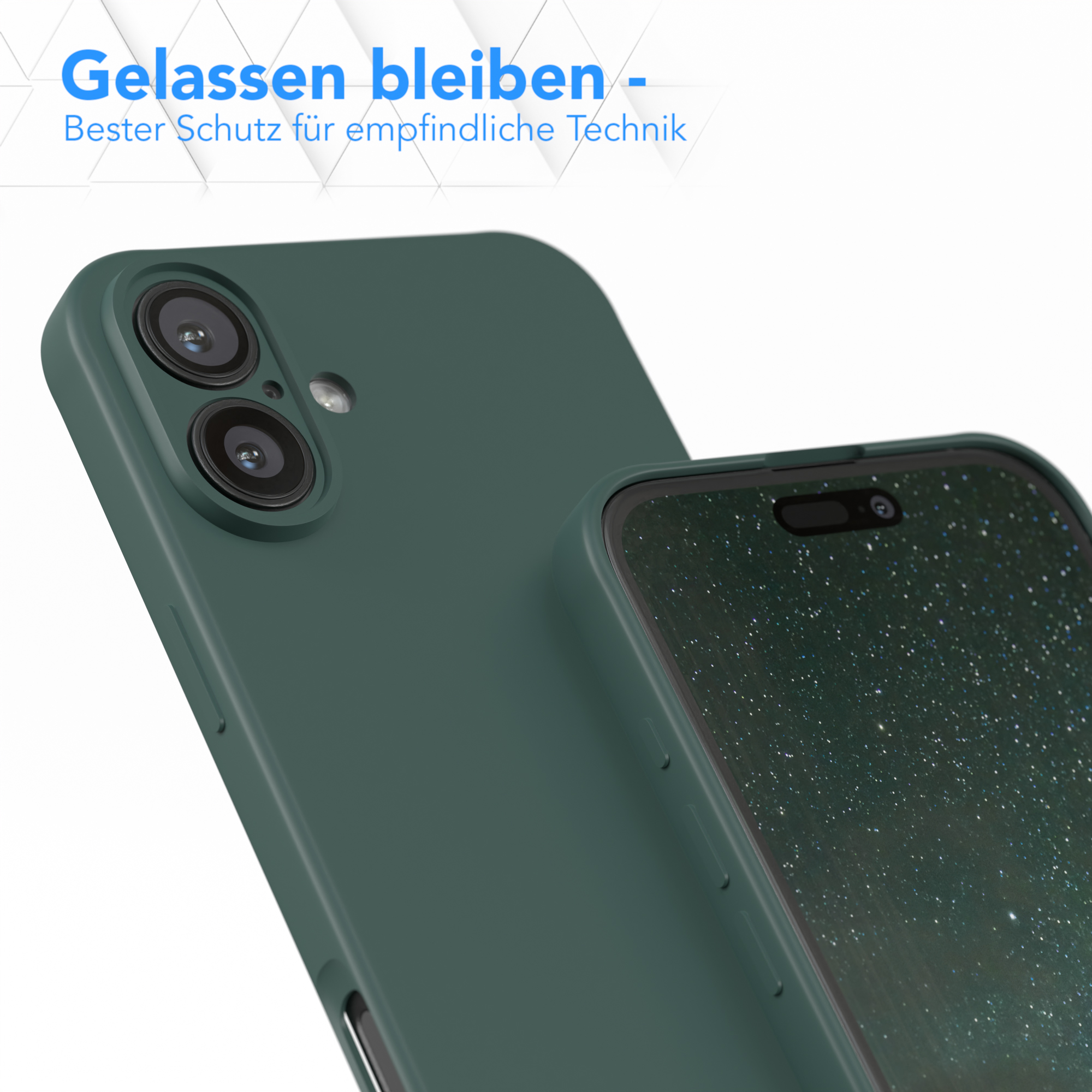 Grüne Handyhülle auf einem dunkelgrünen Telefon. Text: Bester Schutz für empfindliche Technik.