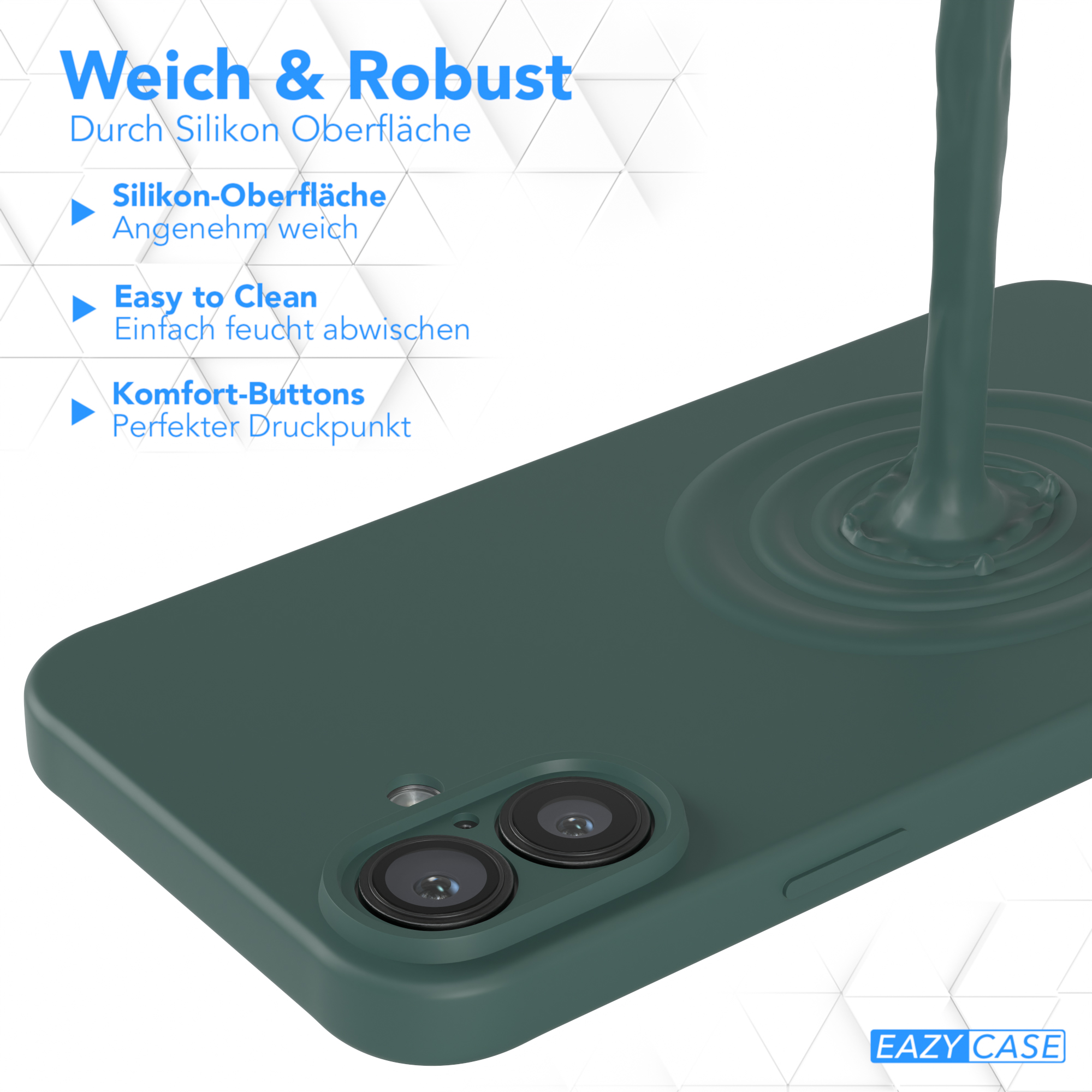 Eine grüne Telefonhülle mit Silikonoberfläche. Die Hülle wird mit einem Telefon darin gezeigt.
