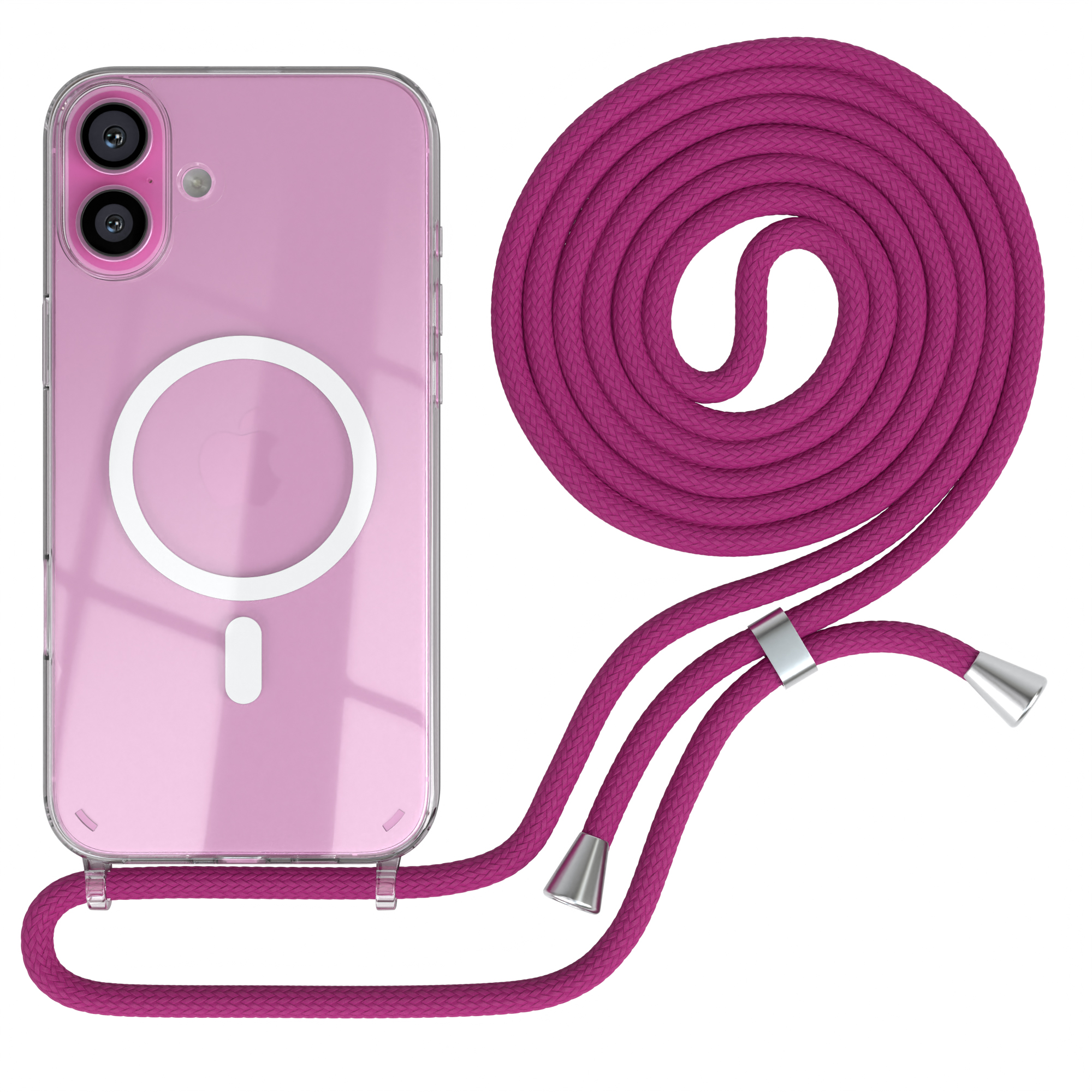 Eine transparente Handyhülle mit einer rosa Kordel, die an einem Telefon befestigt ist.