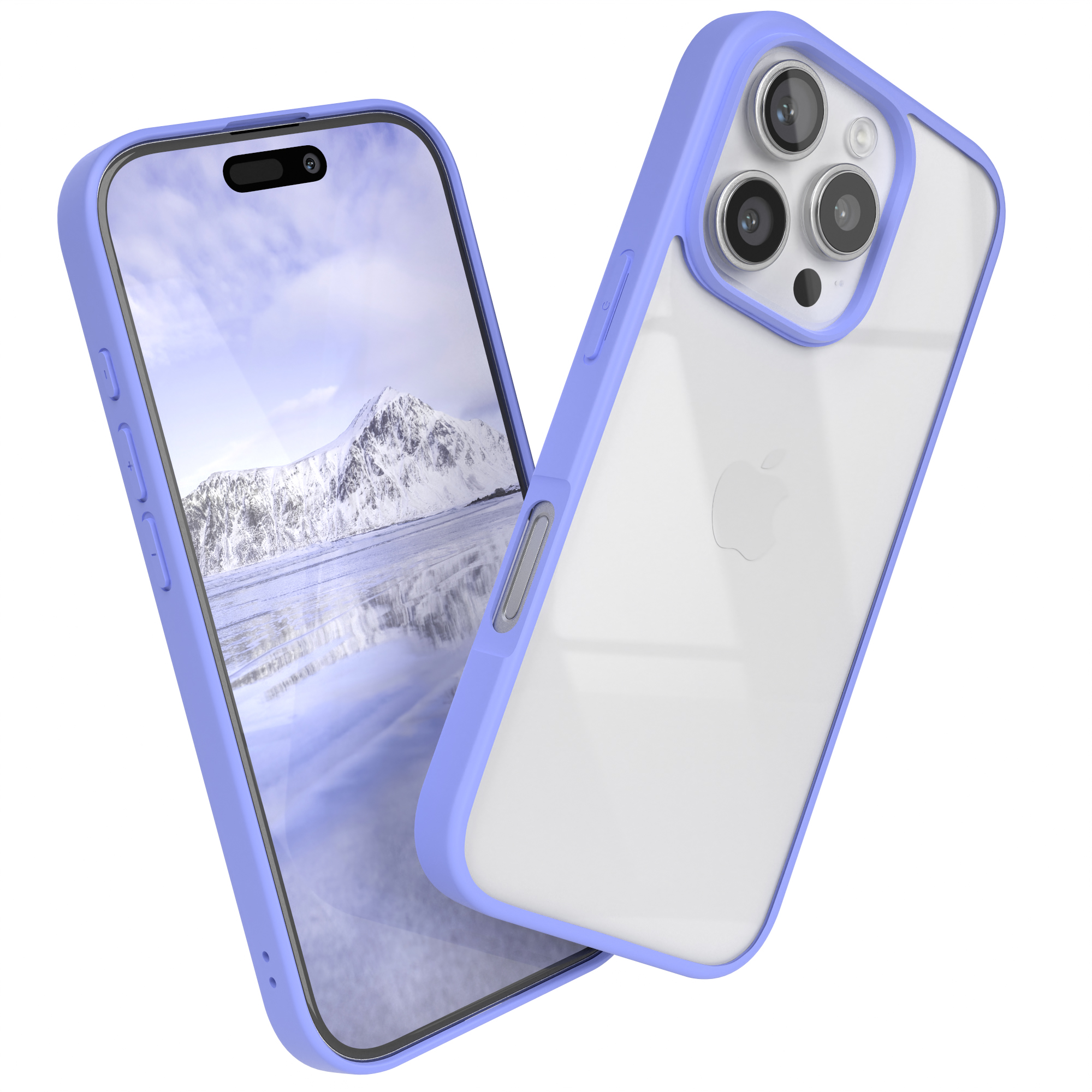 Blaue Handyhülle mit einem weißen Telefon darin. Die Hülle hat einen blauen Rand und eine Kameraaussparung.