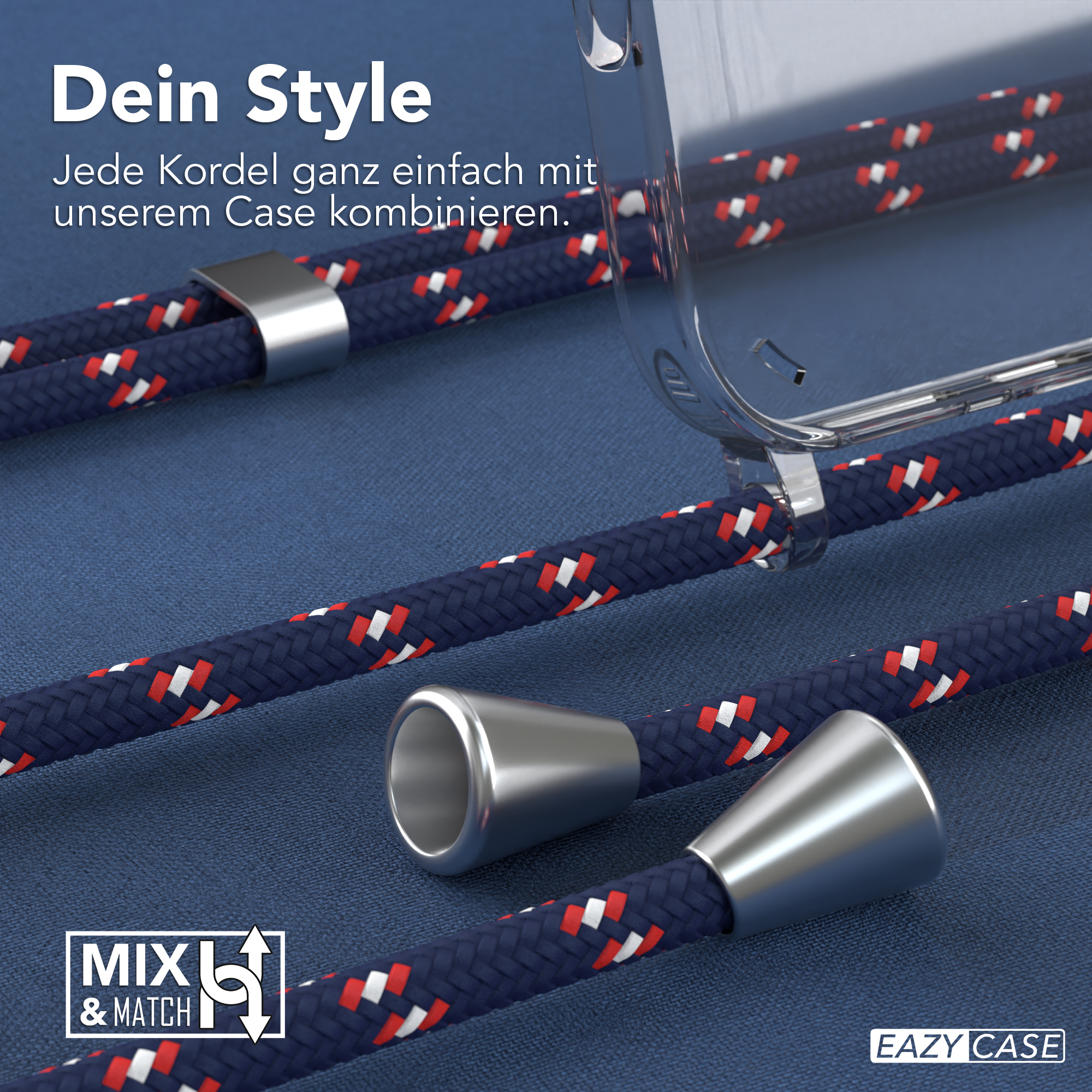 Nahaufnahme einer Handyhülle und einer blau-roten Kordel. Die Hülle hat Metallbefestigungen für die Kordel.