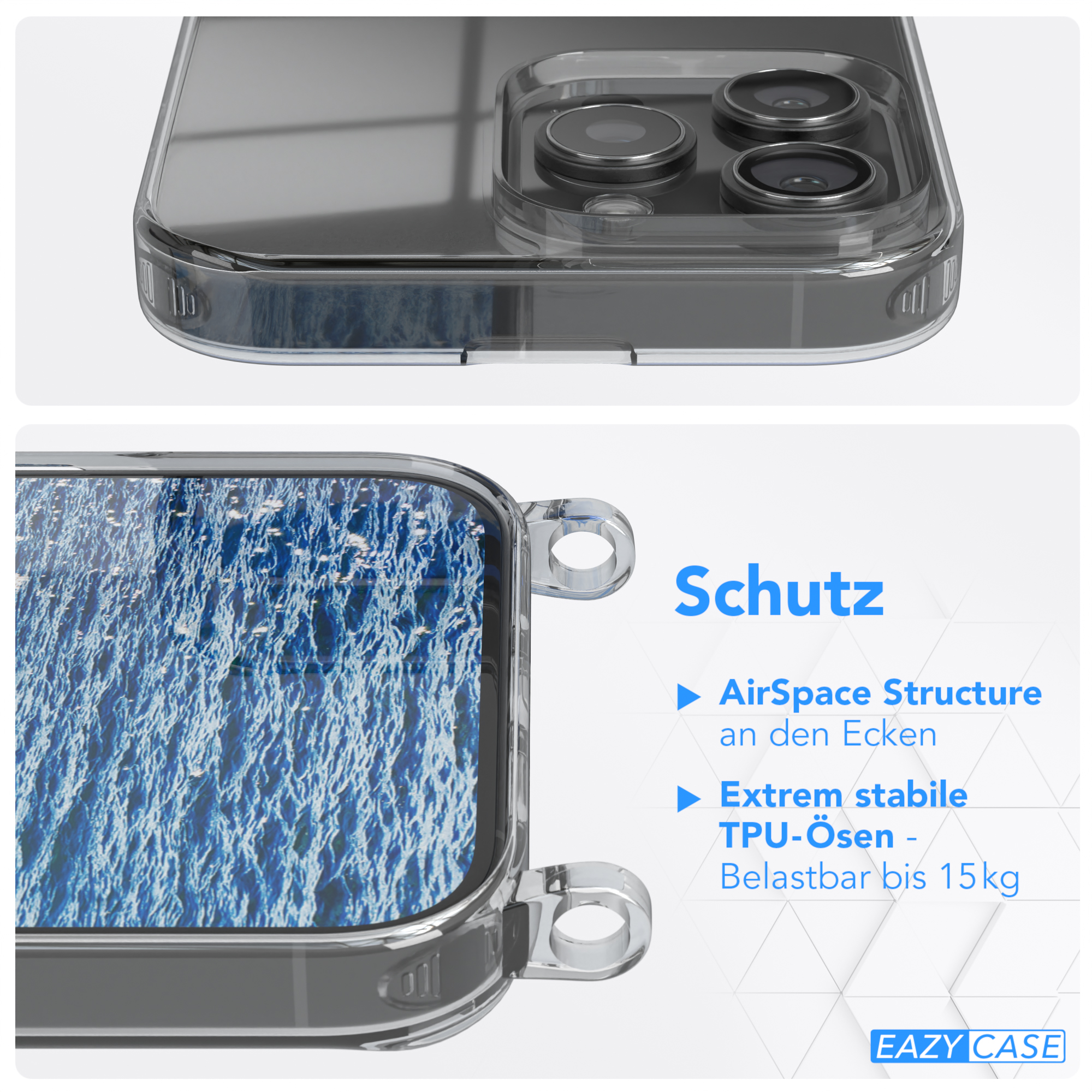 Handyhülle mit Telefon darin. Text über Schutz. Detaillierte Ansicht.