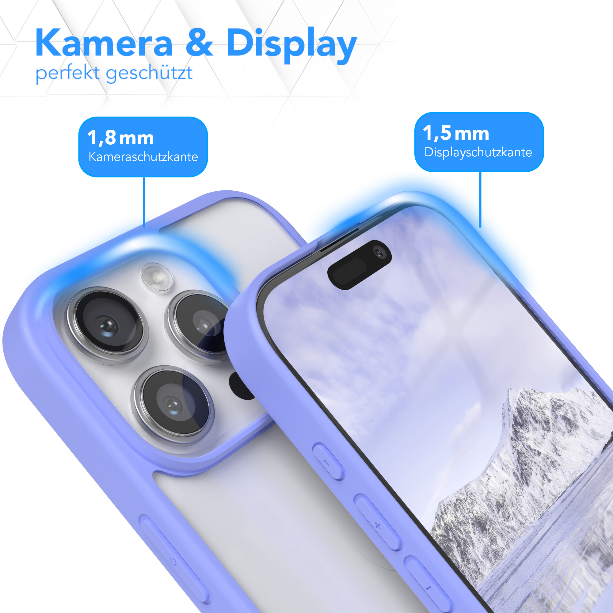 Lila Handyhülle, schützt Kamera und Display. Verfügt über 1,8 mm und 1,5 mm Kanten.