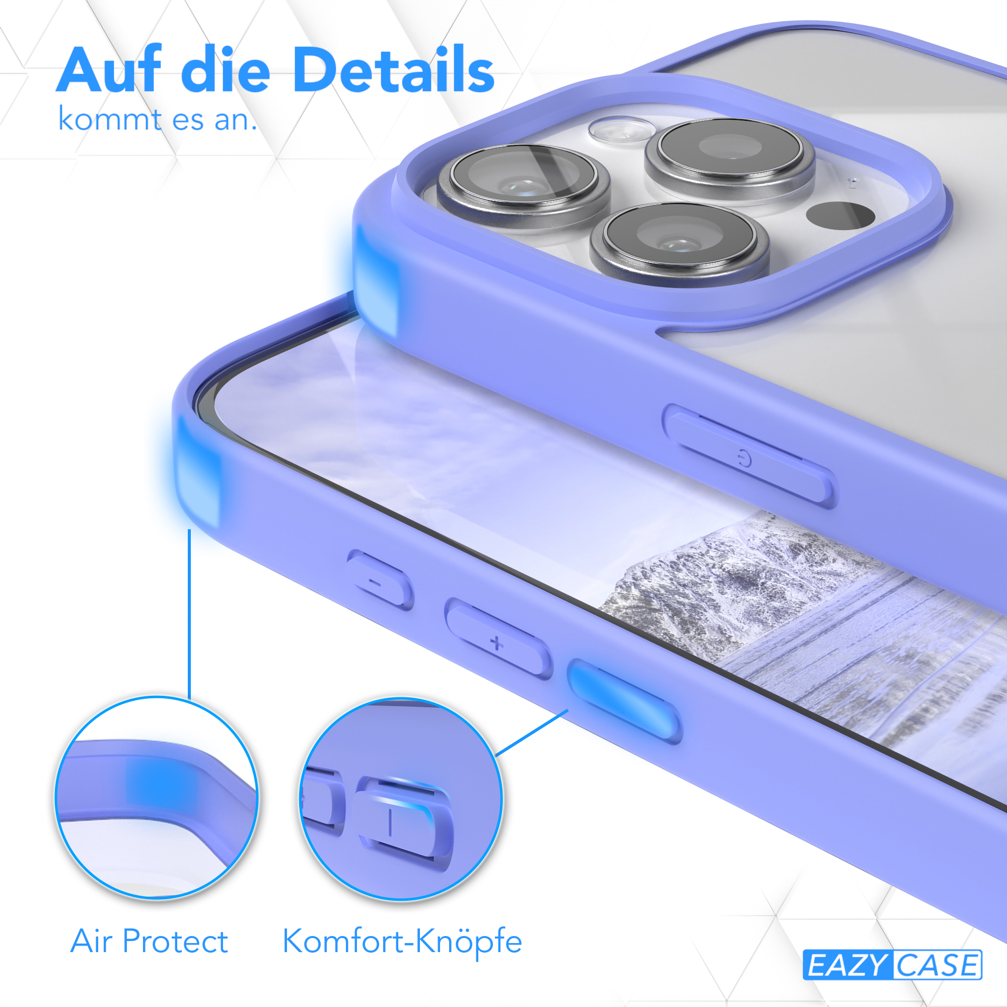 Nahaufnahme einer lila Handyhülle mit Knöpfen und Luftschutz.