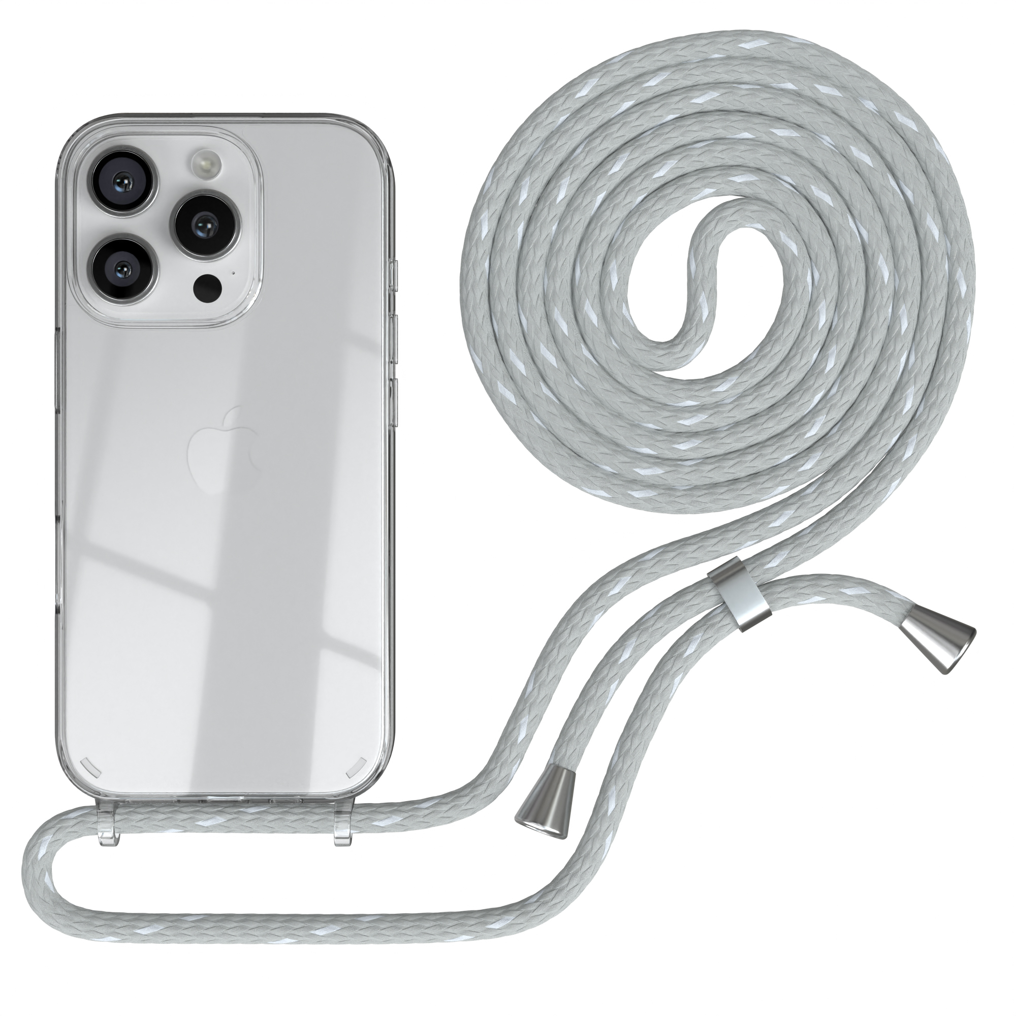 Transparente Handyhülle. Ein grauer Telefonriemen ist an der Hülle befestigt. Der Hintergrund ist weiß.