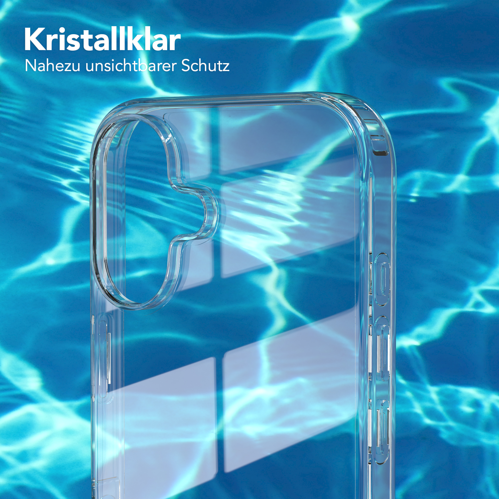 Eine transparente Handyhülle, die ein transparentes Design vor blauem Wasser zeigt.