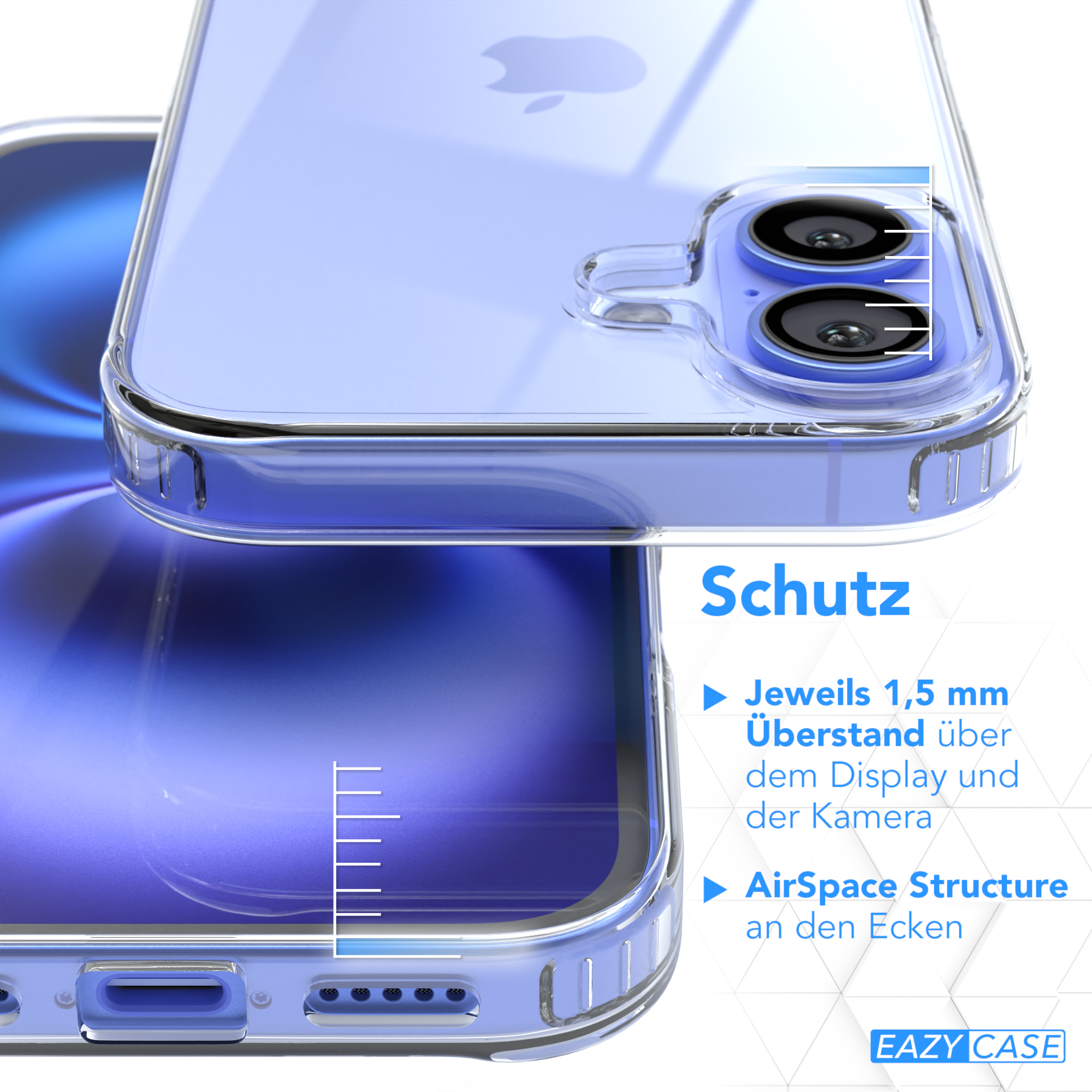 Transparente Handyhülle auf lila Telefon, zeigt Kamera- und Displayschutz.