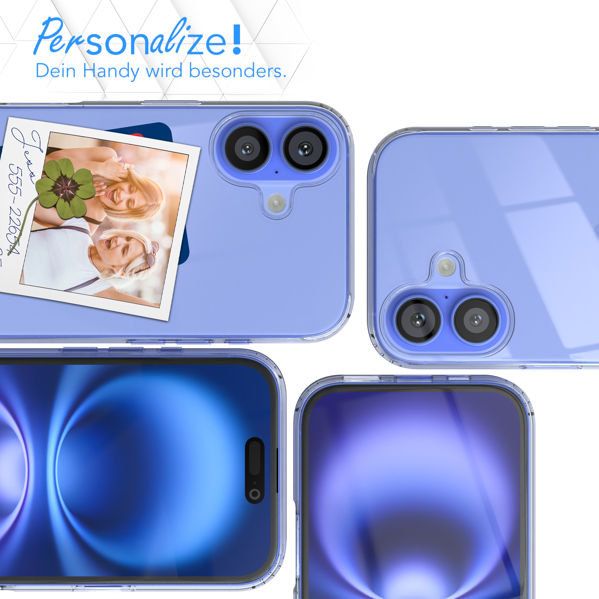 Telefon mit Hülle, Foto mit Klee, und Textüberlagerung.