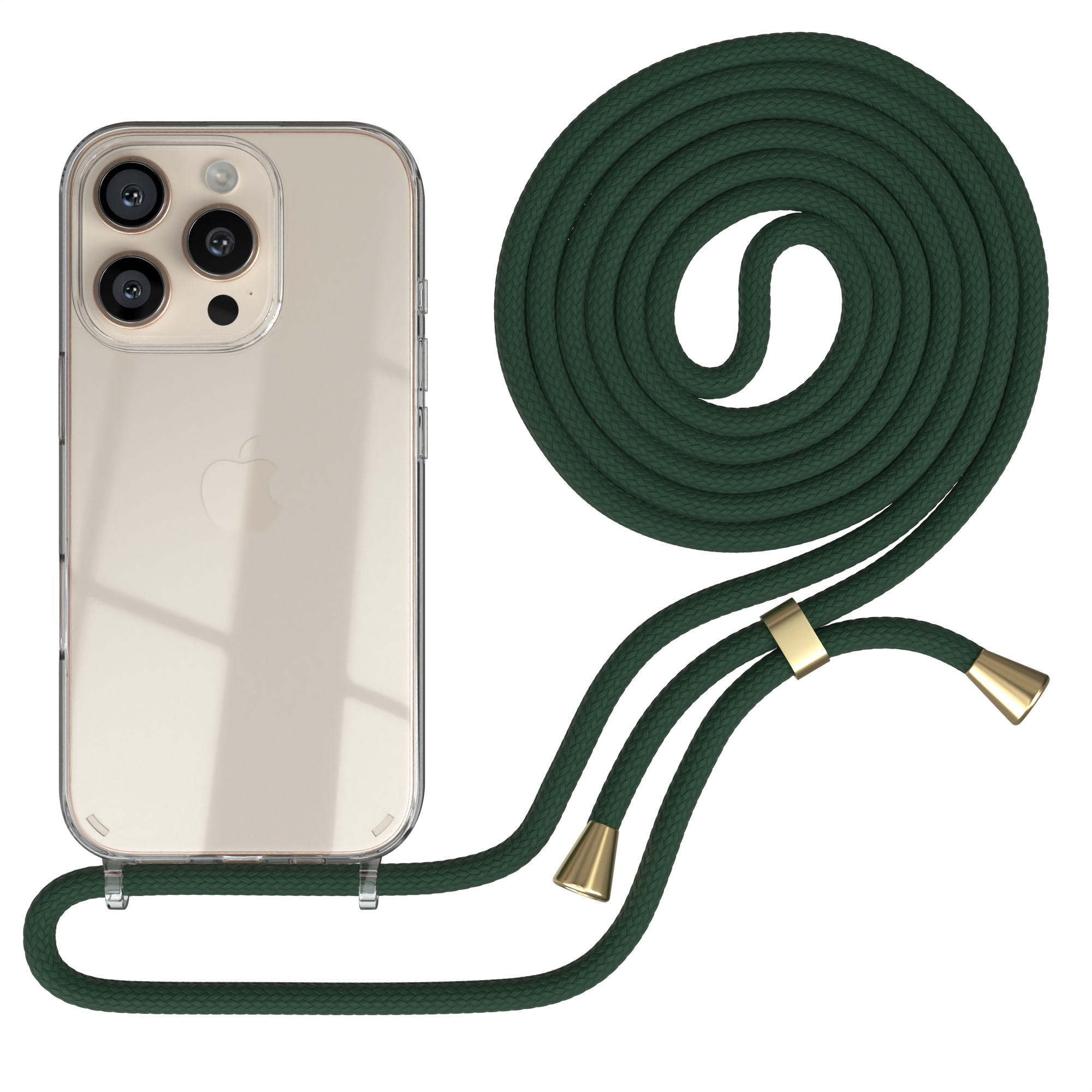 Eine transparente Handyhülle mit grüner Kordel wird gezeigt. Das Telefon hat drei Kameras. Der Hintergrund ist weiß.