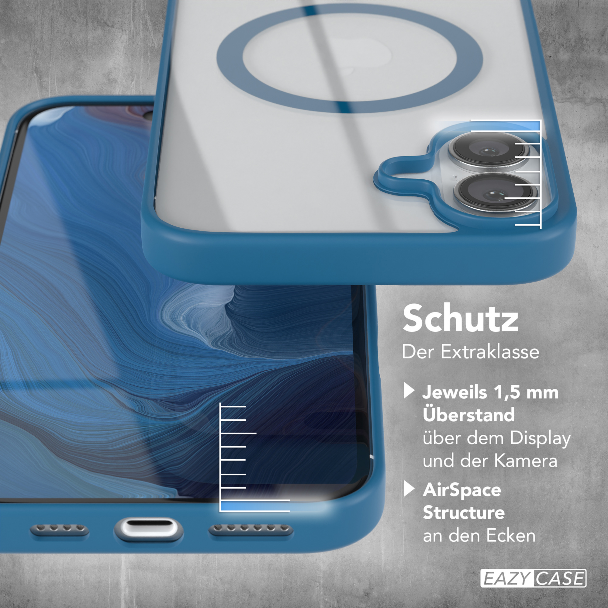Blaue Handyhülle mit Text über Schutz. Ein Lineal ist an der Seite der Hülle abgebildet.