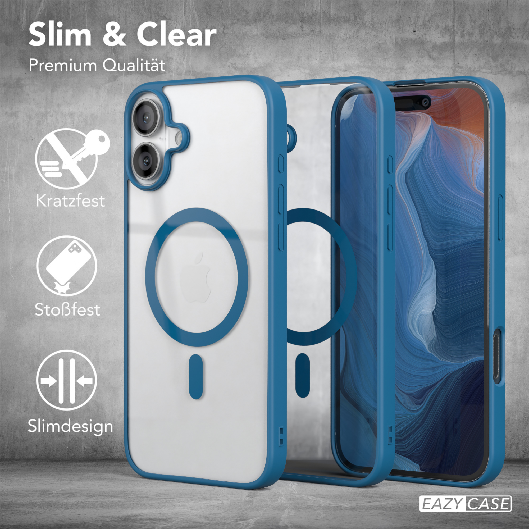Transparente Handyhülle mit blauem Rand. Ein Telefon mit Kreisdesign ist darin.