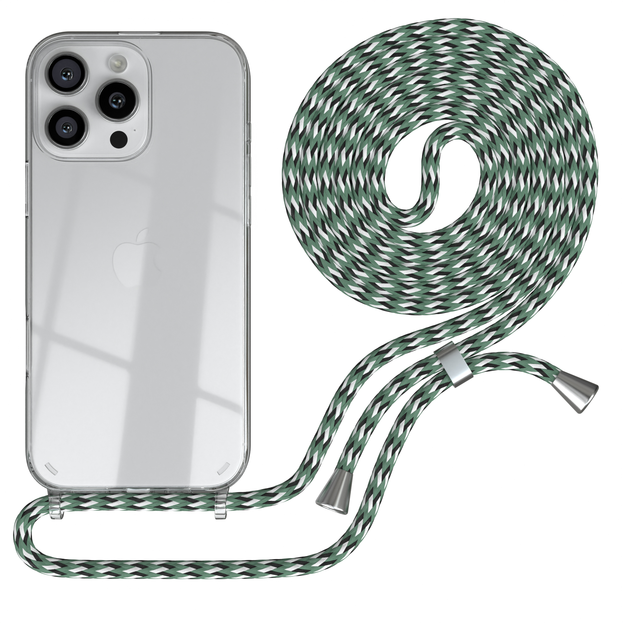 Transparente Handyhülle mit grün-schwarzem Umhängeband. Telefon mit drei Kameras links.