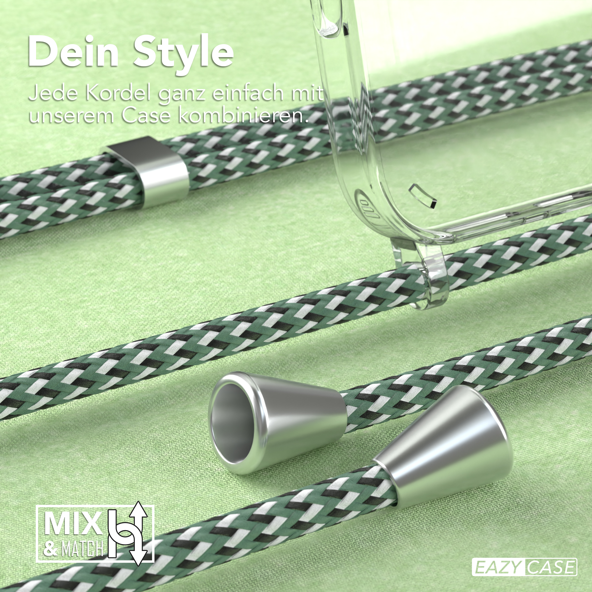 Nahaufnahme von grün-weißem Kordel mit Handyhülle. Silberne Metalldetails sind sichtbar.