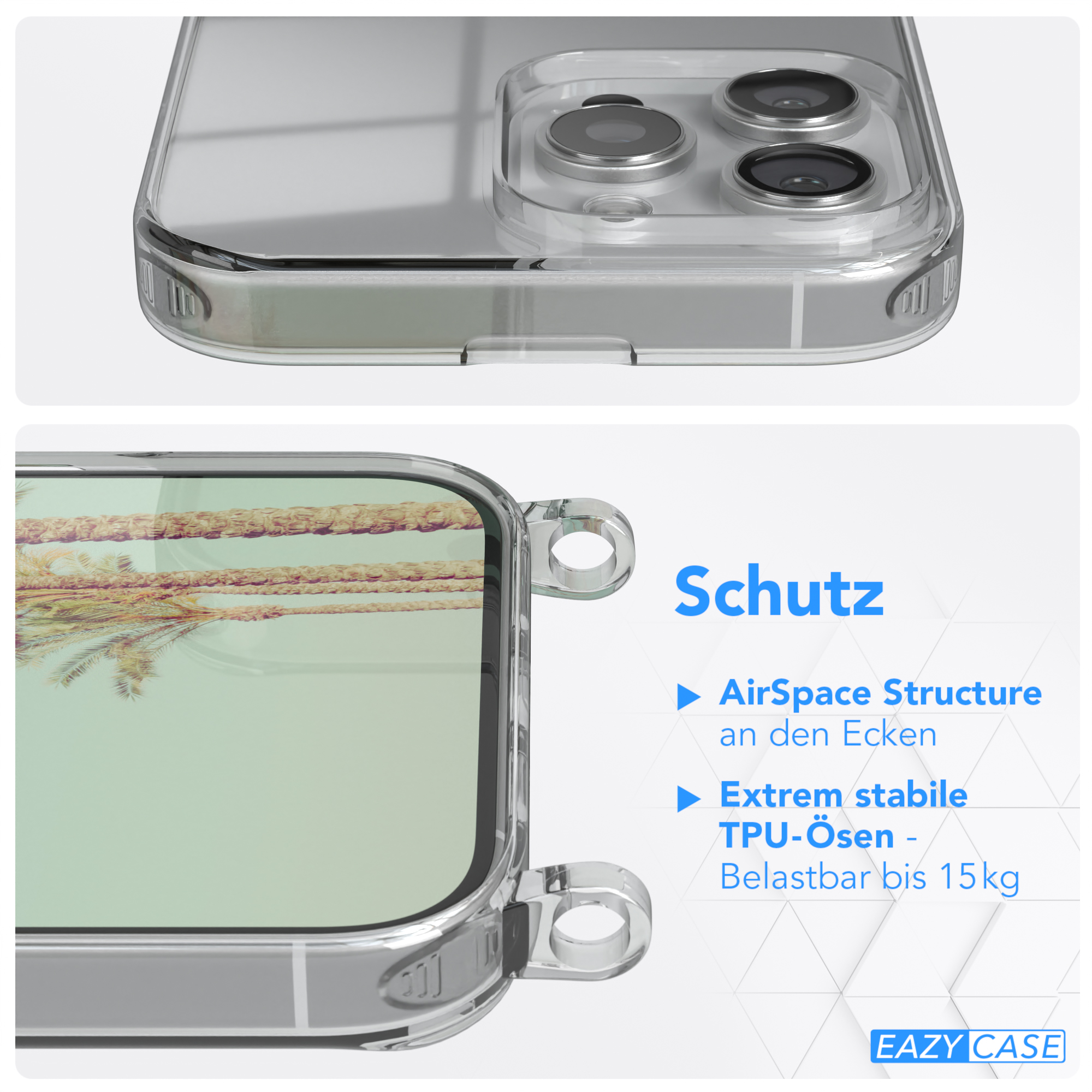 Transparente Handyhülle mit Telefon im Inneren. Text hebt AirSpace-Struktur und TPU-Ösen hervor.