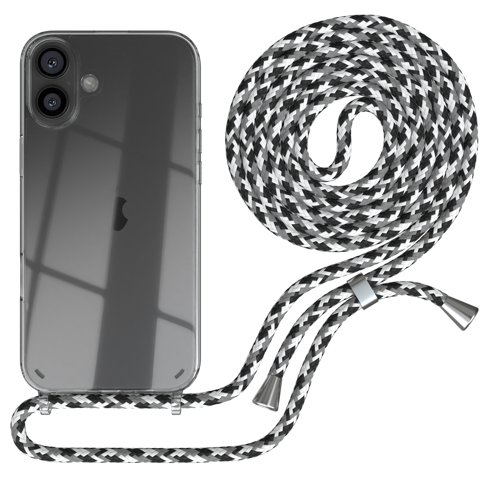 Ein Telefon in einer transparenten Hülle mit einem schwarz, weiß und grau geflochtenen Kabel. Das Kabel ist befestigt.
