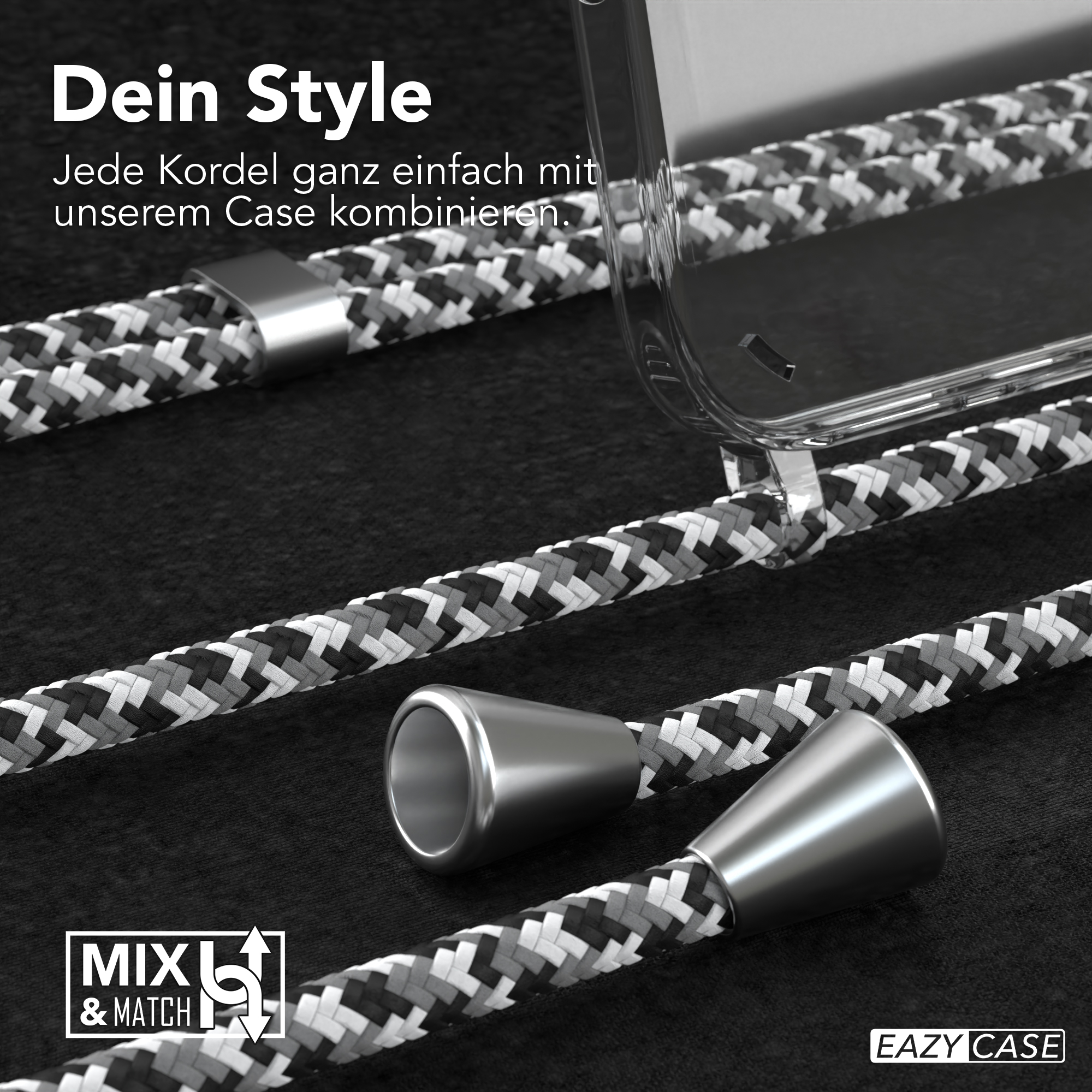 Handyhülle mit passenden Kordeln und silbernen Kappen, auf strukturierter Oberfläche.