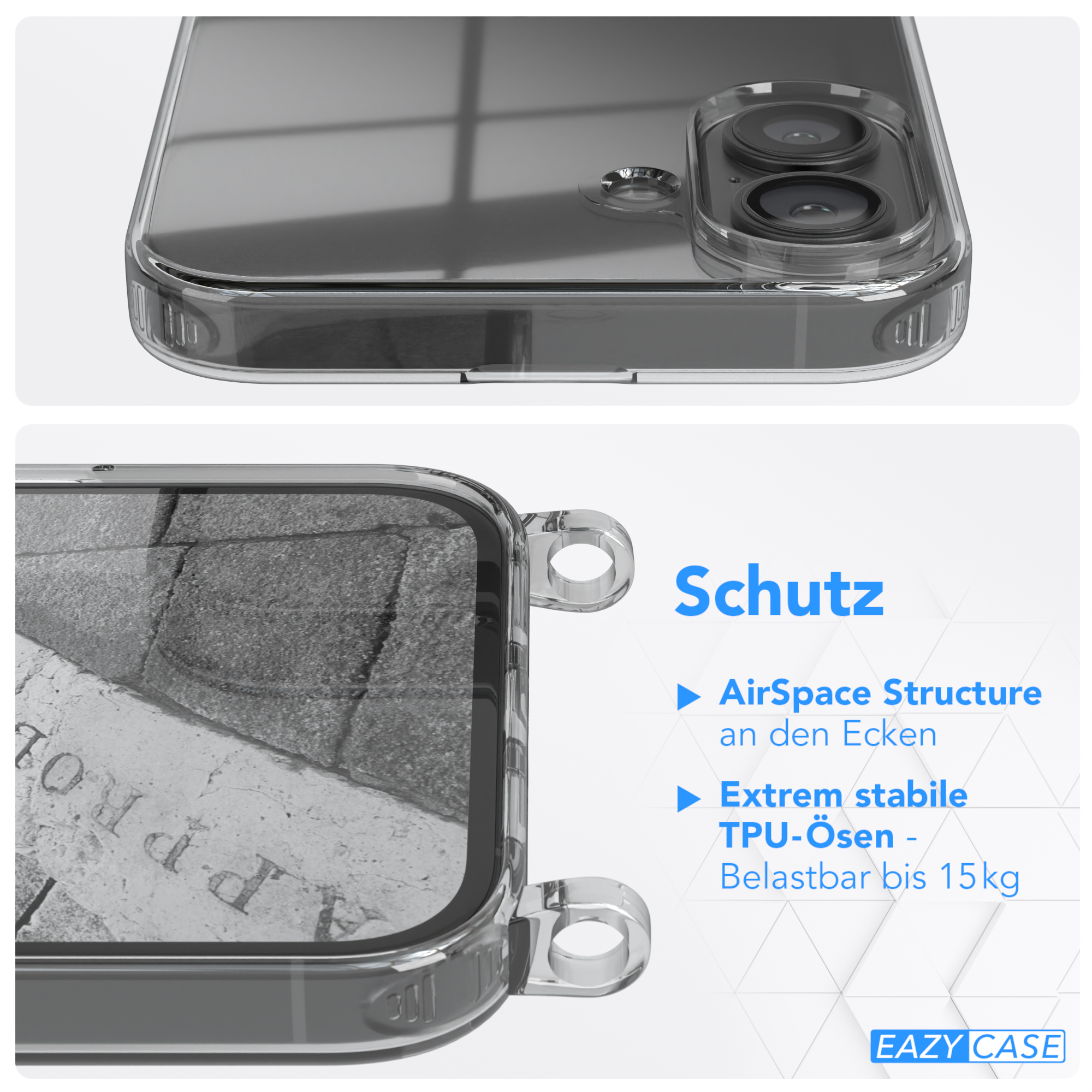 Transparente Handyhülle mit Details. Text beschreibt die Eigenschaften der Hülle.