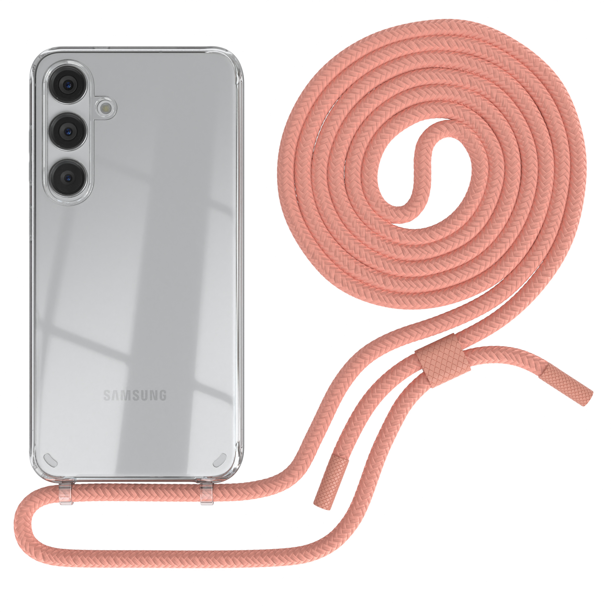 Transparente Handyhülle mit einem rosa Seil. Das Seil ist am Telefon befestigt. Das Telefon ist transparent.