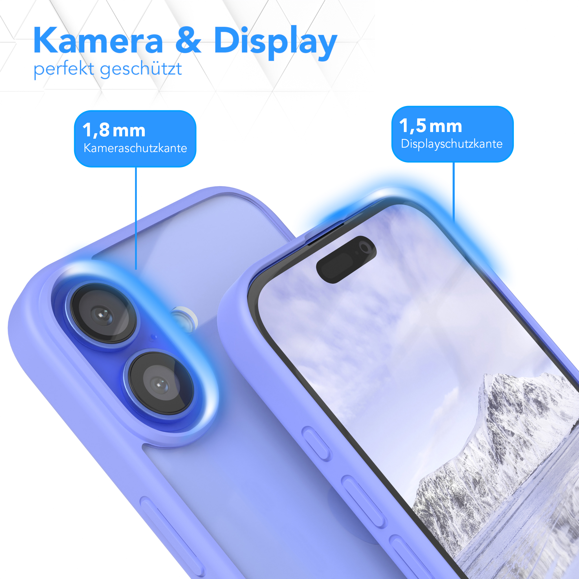 Zwei Handyhüllen mit blauem Umriss, die den Kamera- und Bildschirmschutz zeigen.