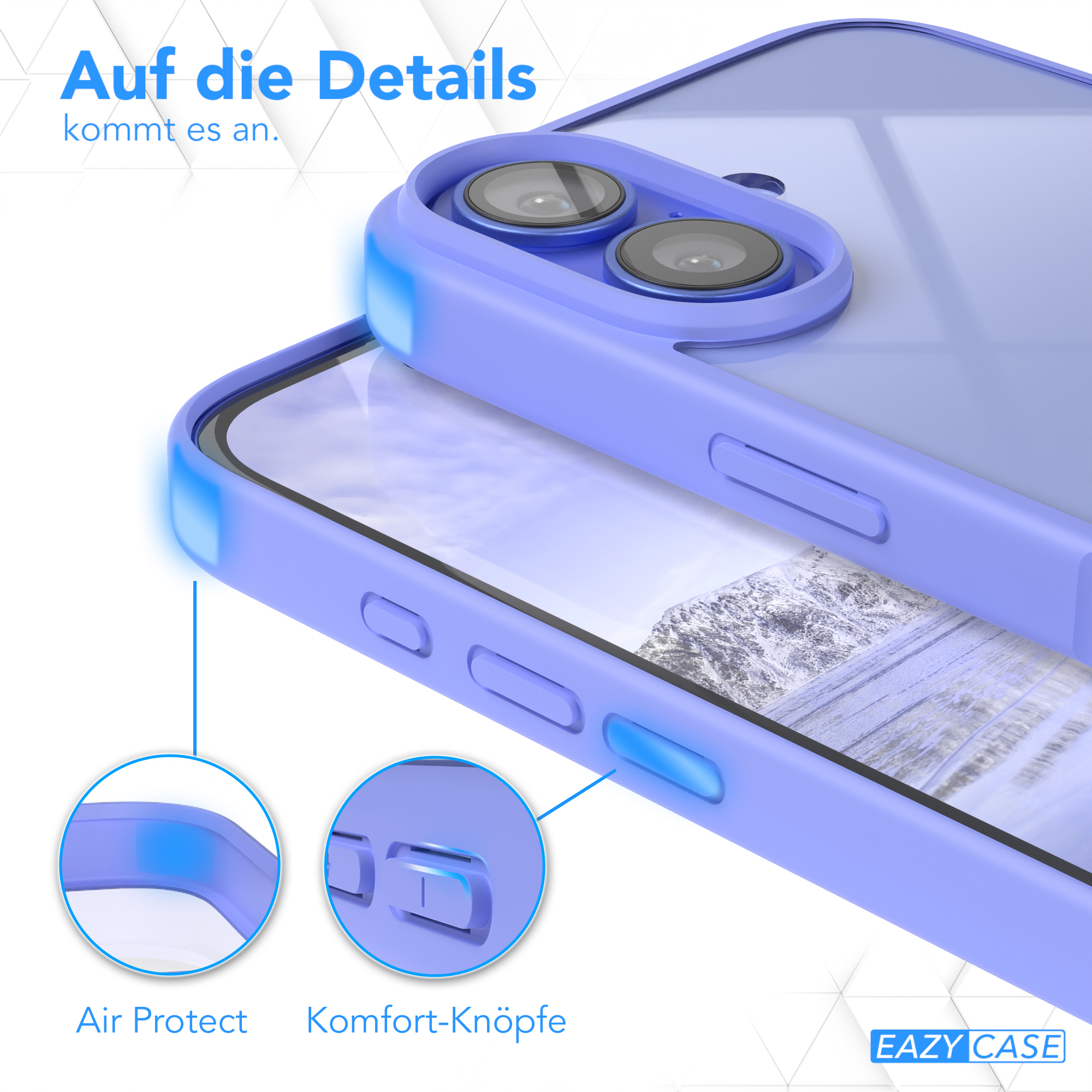 Nahaufnahme einer Handyhülle mit Telefon. Text hebt Air Protect und Komfort-Tasten hervor.