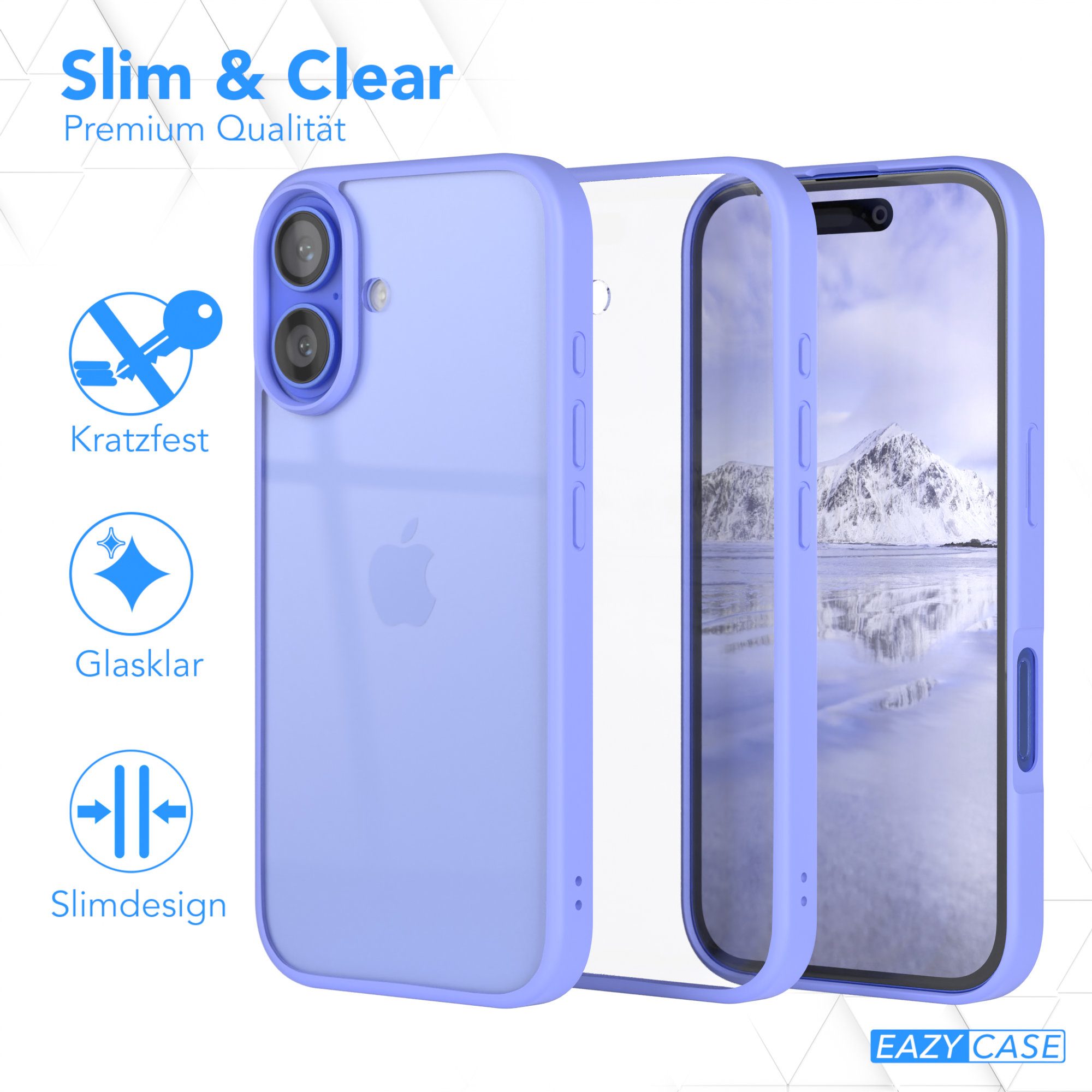 Eine hellviolette Handyhülle mit einem Apple-Logo und dem Text 'Slim & Clear'. Eine transparente Hülle ist innen gezeigt.