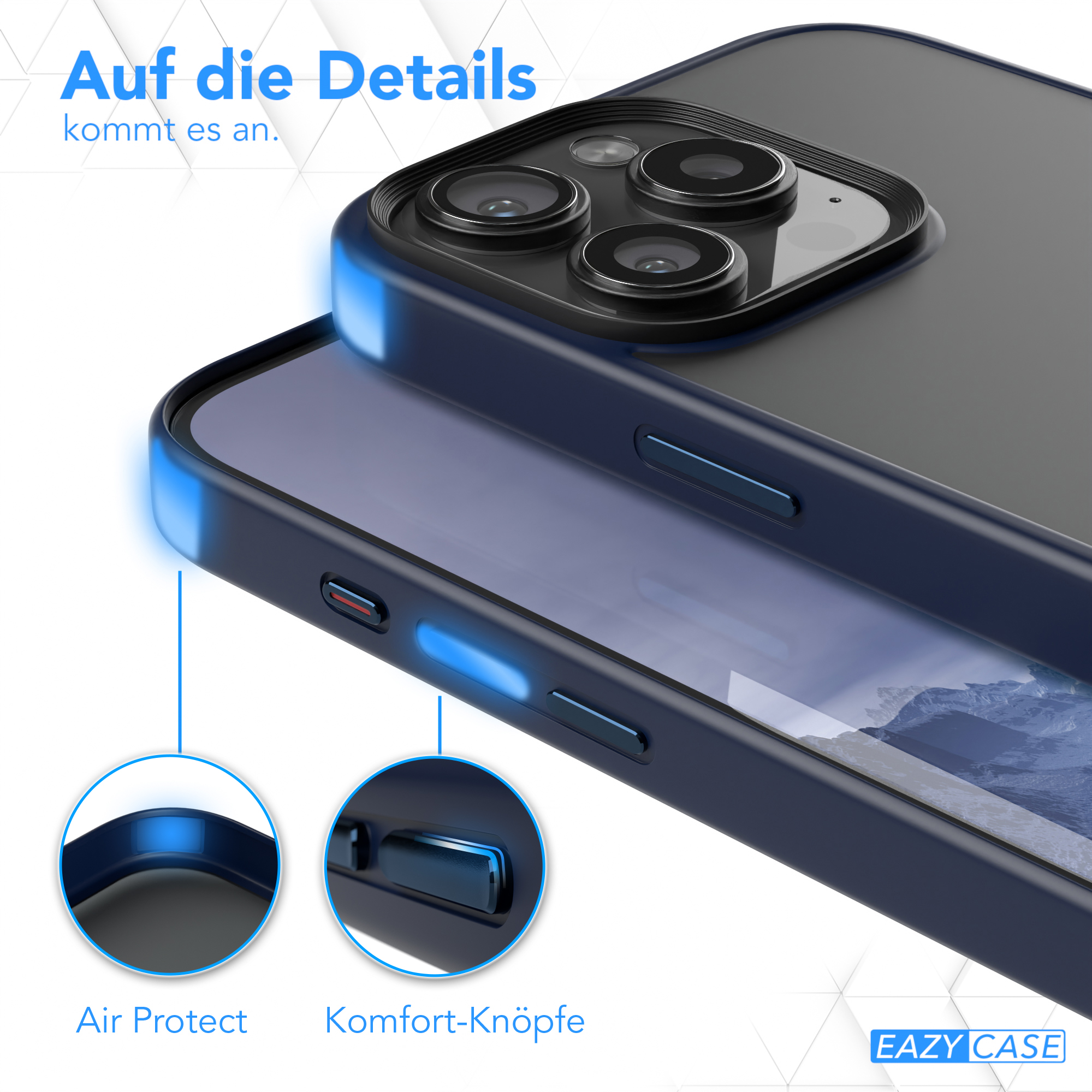 Eine dunkelblaue Handyhülle mit transparenter Rückseite. Merkmale: 'Air Protect' und 'Komfort-Knöpfe'.