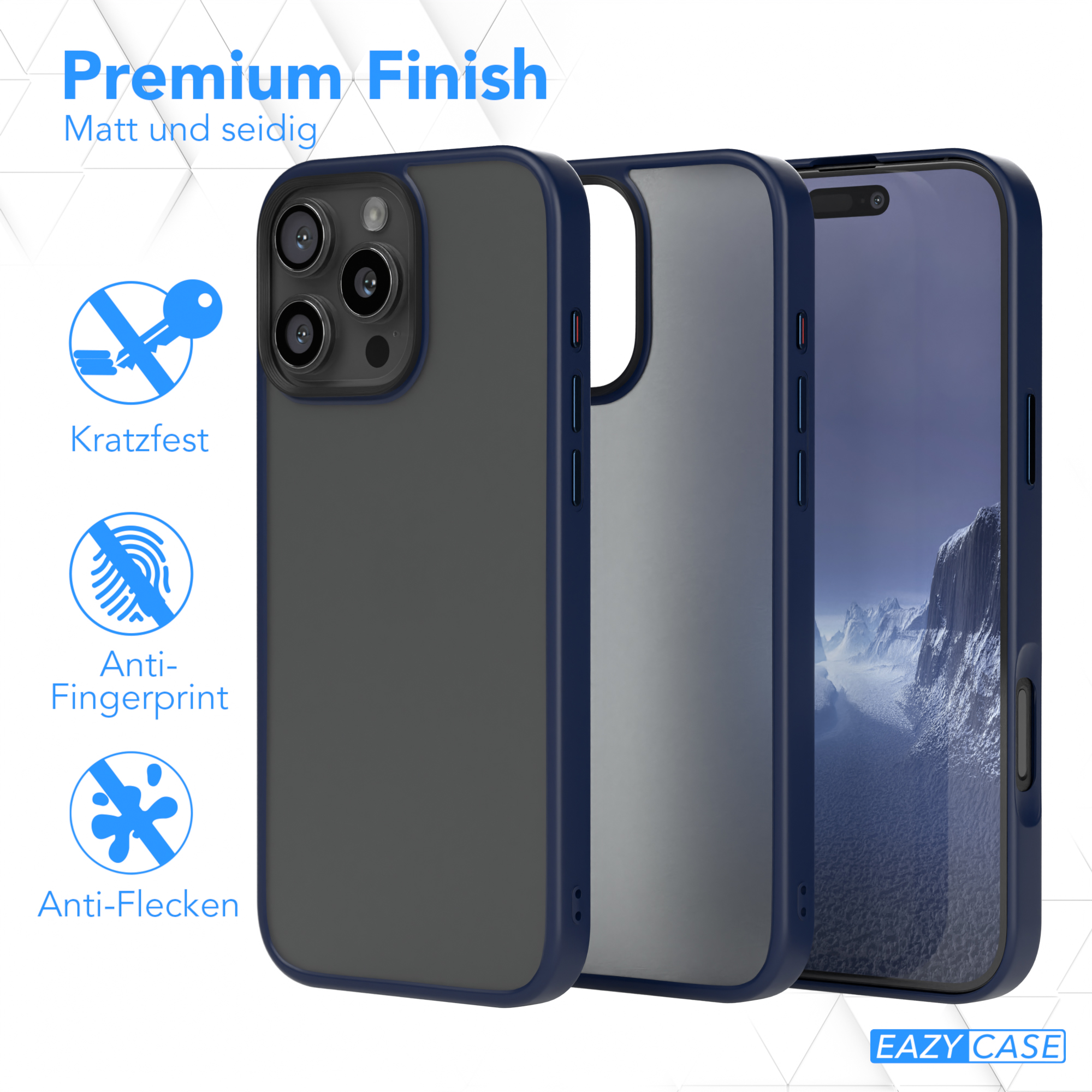 Handyhülle mit Text: Premium Finish, kratzfest, Anti-Fingerprint, Anti-Flecken.