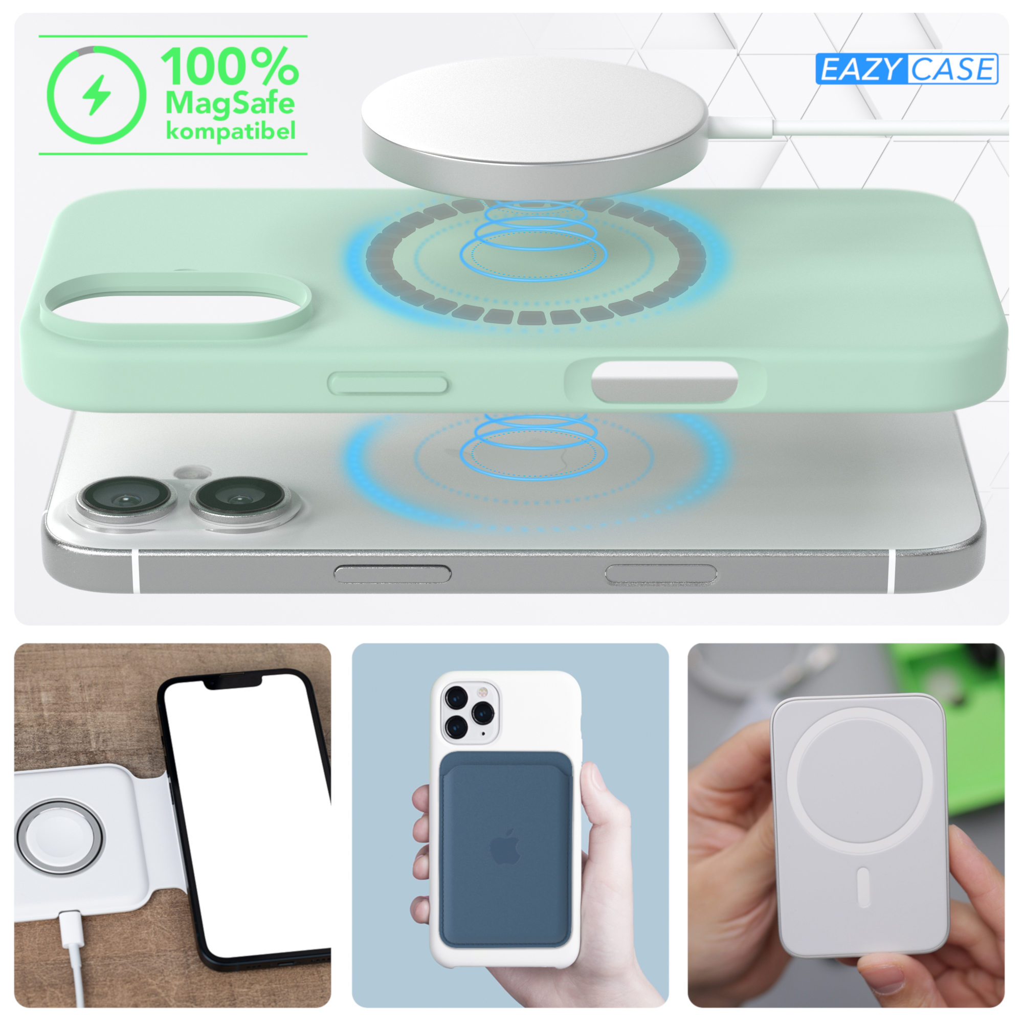 Handyhülle mit MagSafe-Ladegerät, grüne Hülle und drei Produktfotos.