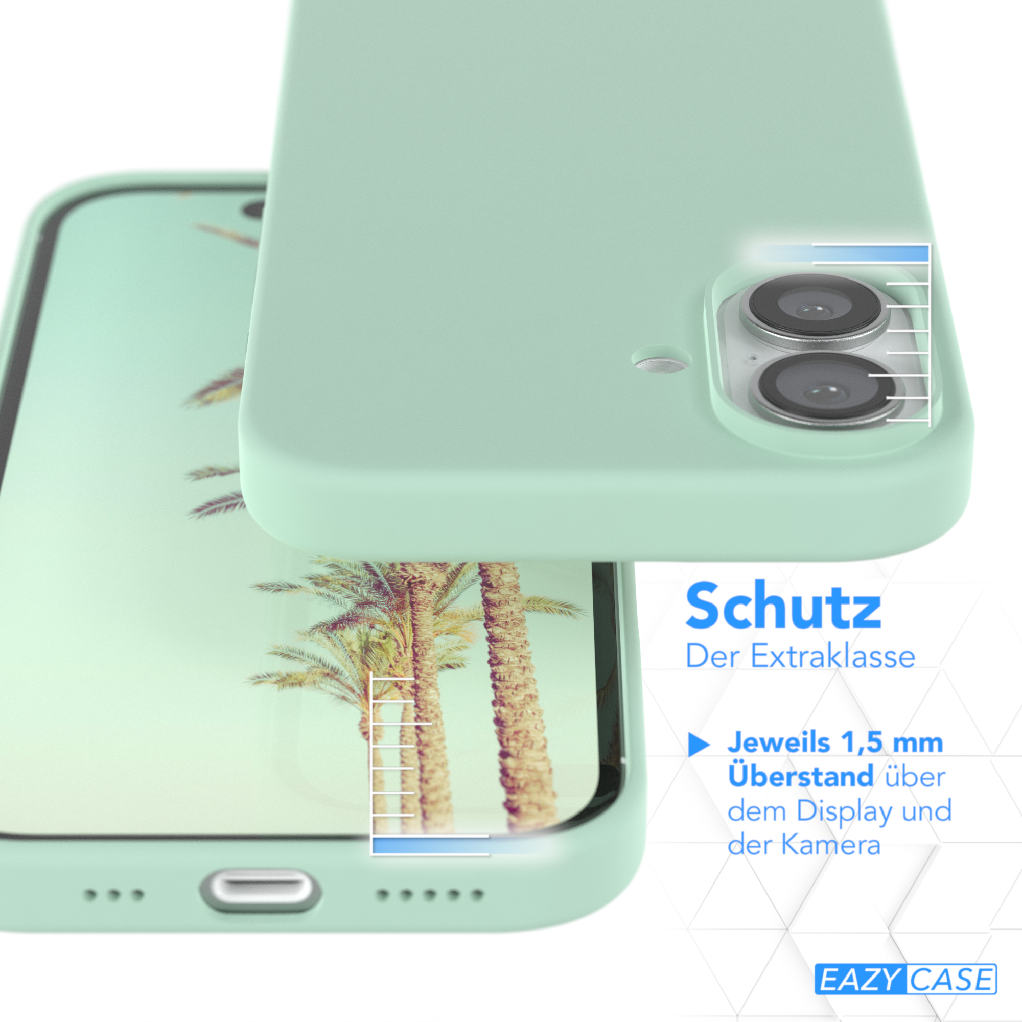 Nahaufnahme einer mintgrünen Handyhülle mit Telefon. Zeigt eine Strandszene.