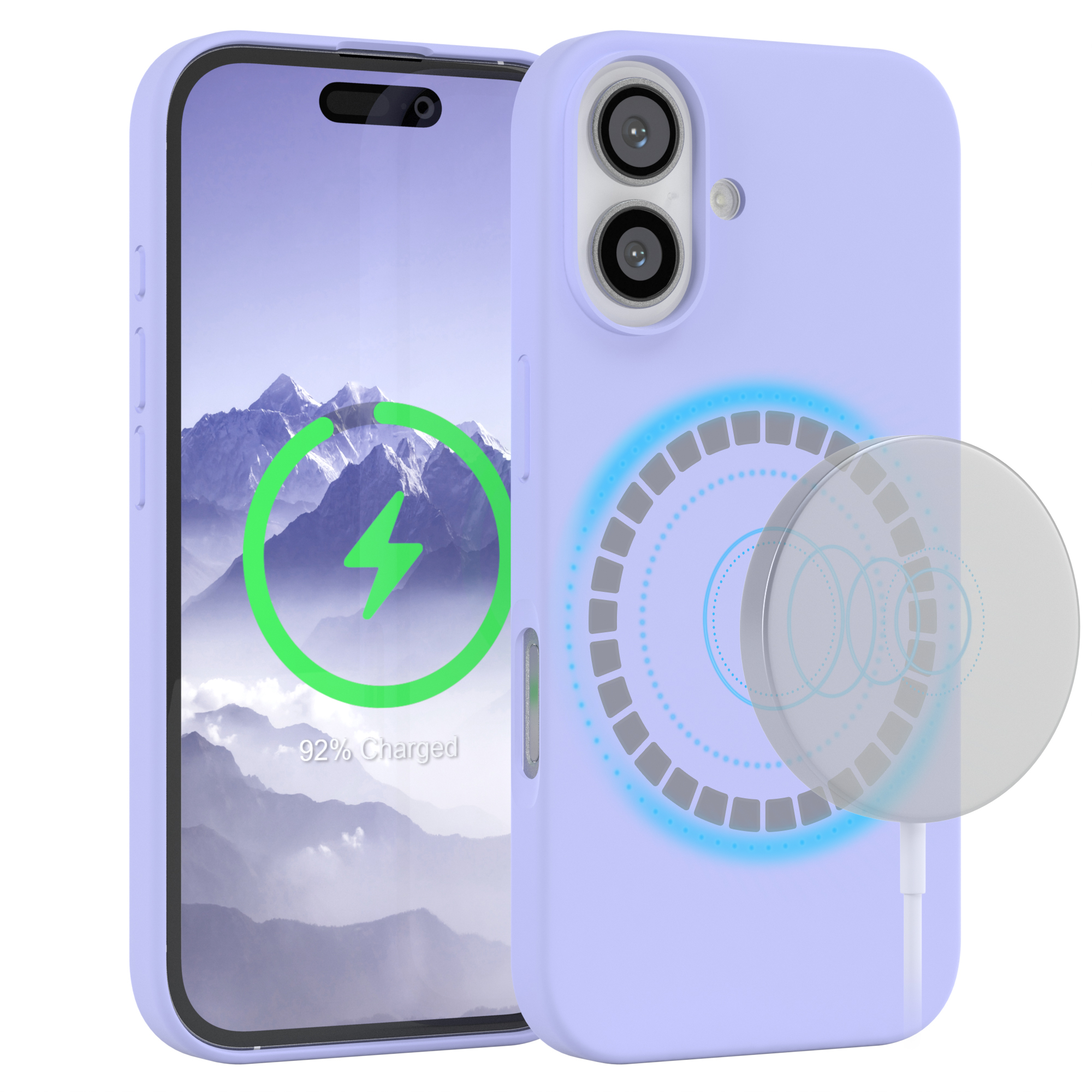 Lila Handyhülle mit Ladekreis. Telefon innen. Weißer Hintergrund.