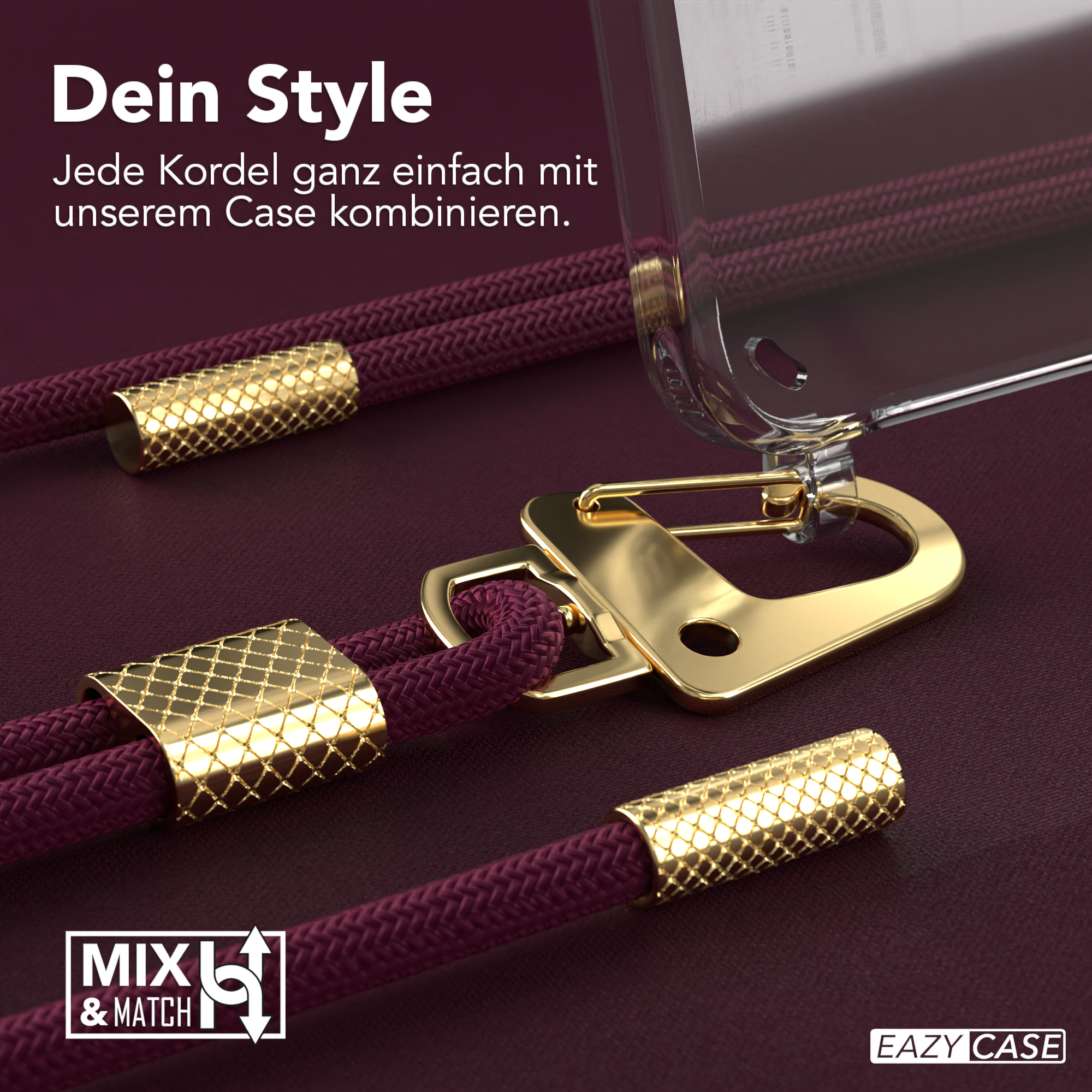 Nahaufnahme einer Handyhülle mit burgunderfarbenem Kordel, goldfarbenen Akzenten und einer durchsichtigen Handyhülle.